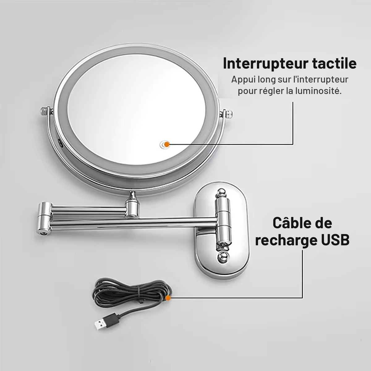 Interrupteur tactile du miroir grossissant lumineux et câble de recharge USB.