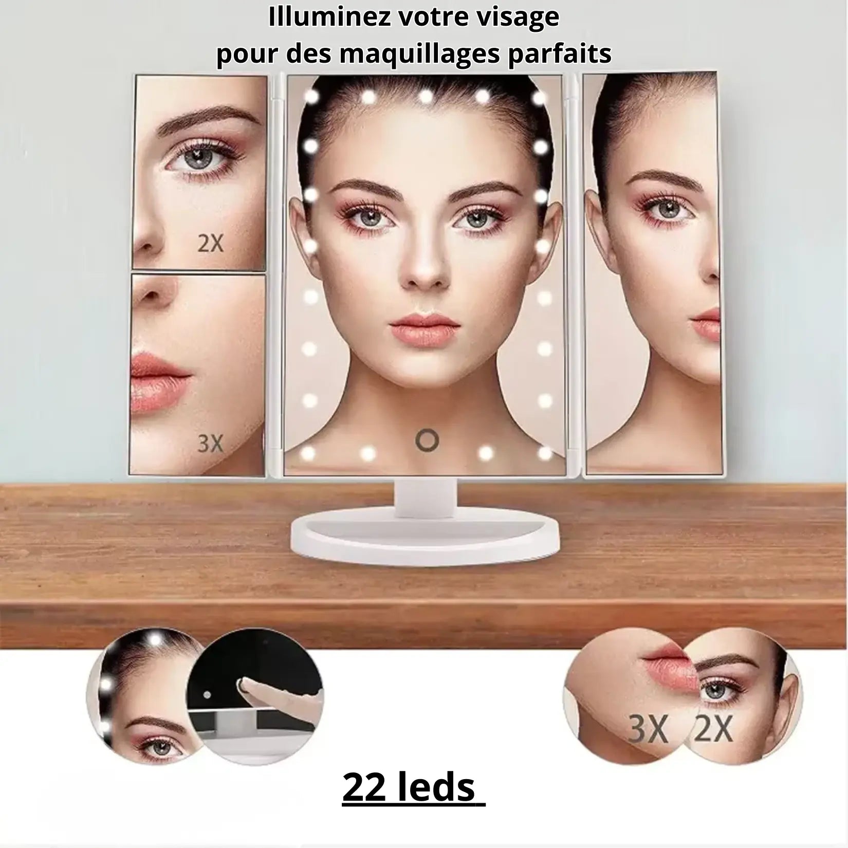 Miroir grossissant lumineux pour maquillage professionnel avec 22 LEDs uniformes.