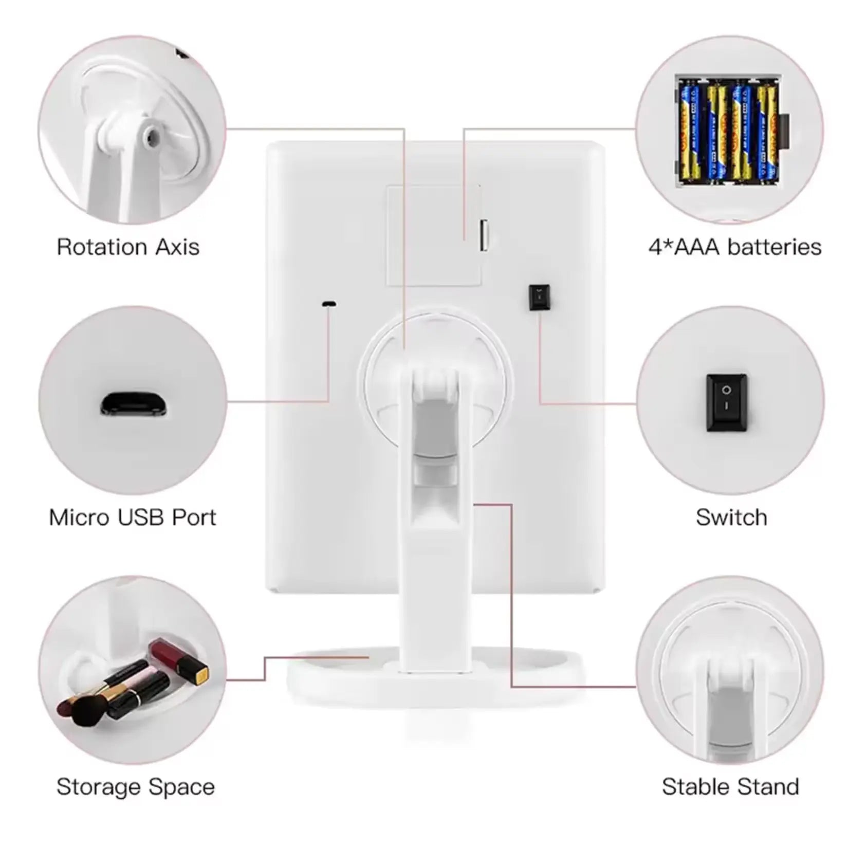Double alimentation miroir grossissant lumineux par 4 piles AAA ou port micro USB.