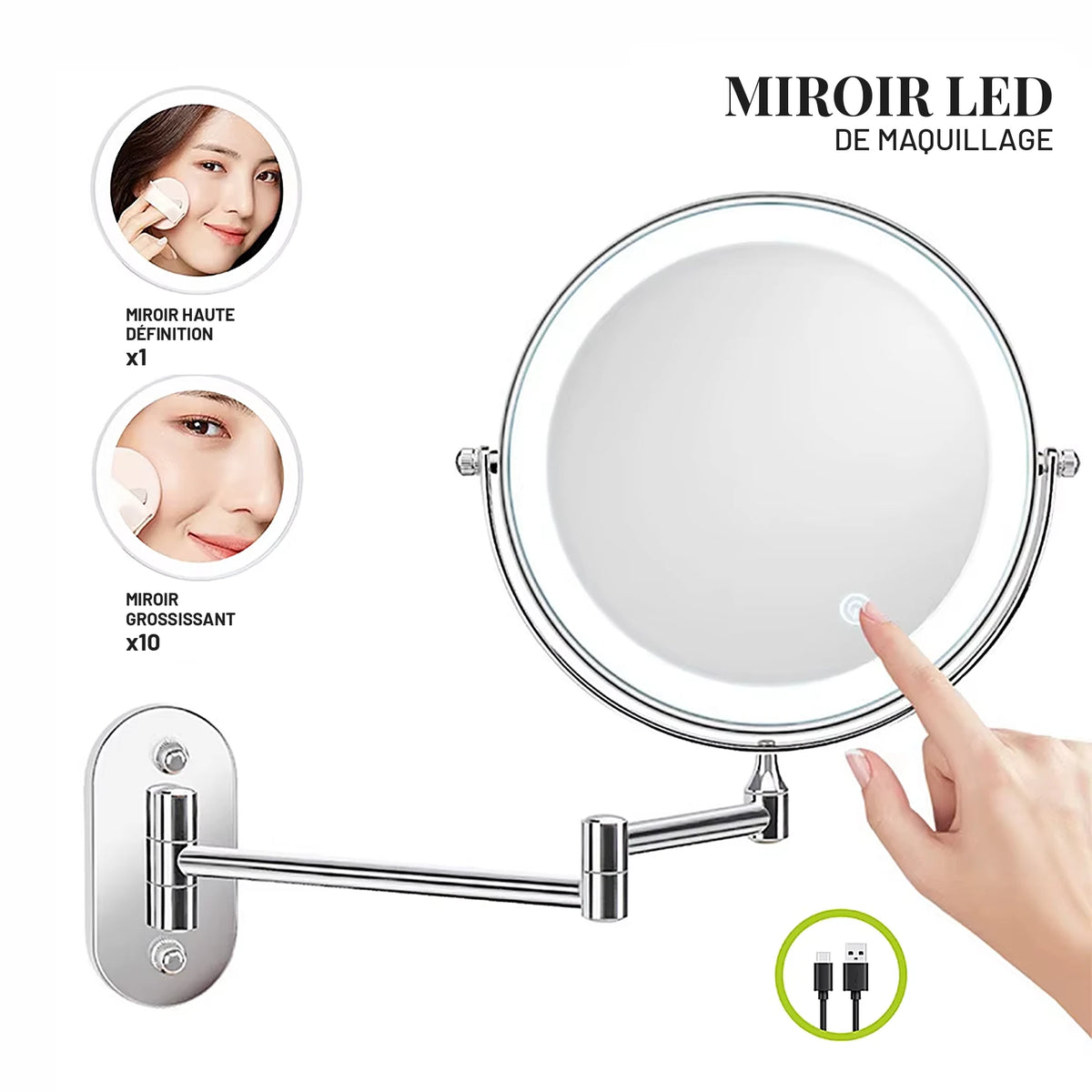 Miroir grossissant lumineux mural à bras articulé, face x10 et commande tactile.