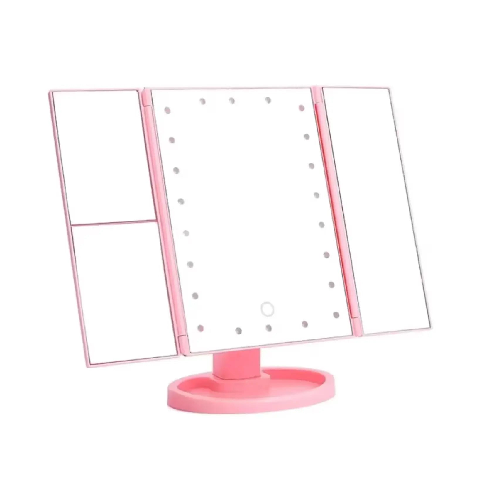 Miroir grossissant lumineux rose pliable avec base circulaire de rangement cosmétiques.