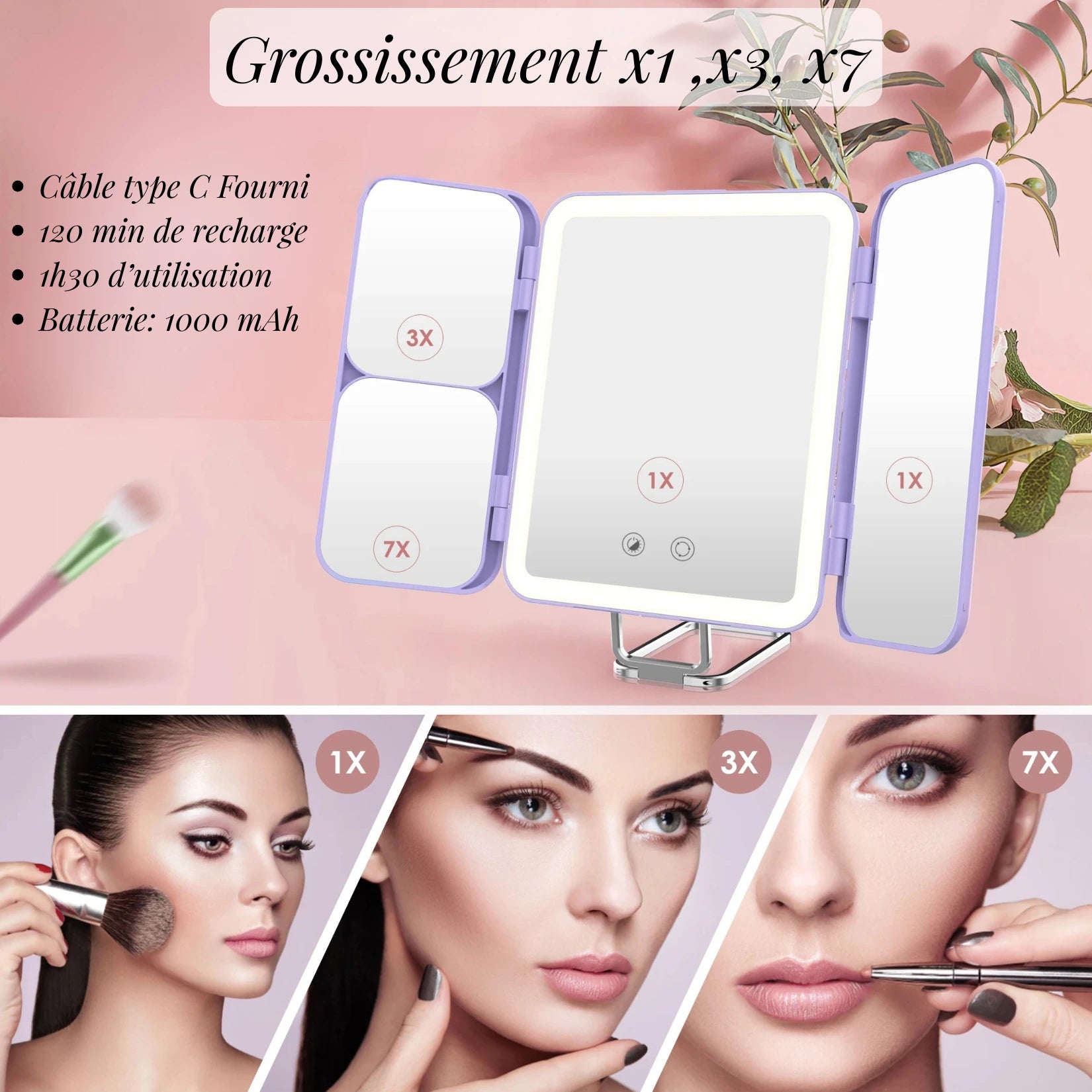 Zoom x1 x3 x7 précis sur miroir grossissant lumineux pour maquillage.
