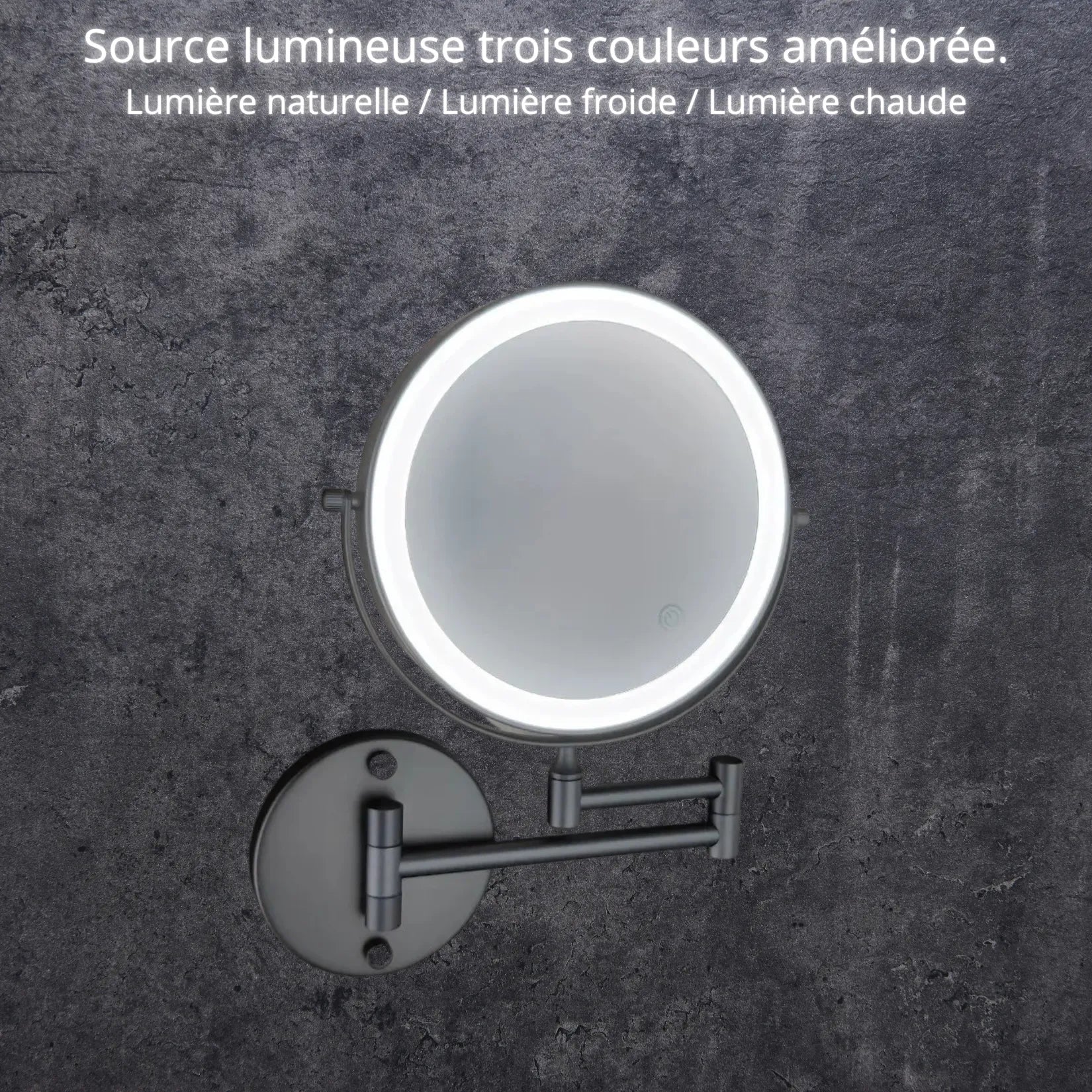Miroir Grossissant Mural Bras Articulé LED LUXE noir mat – 3 couleurs lumière naturelle froide chaude.