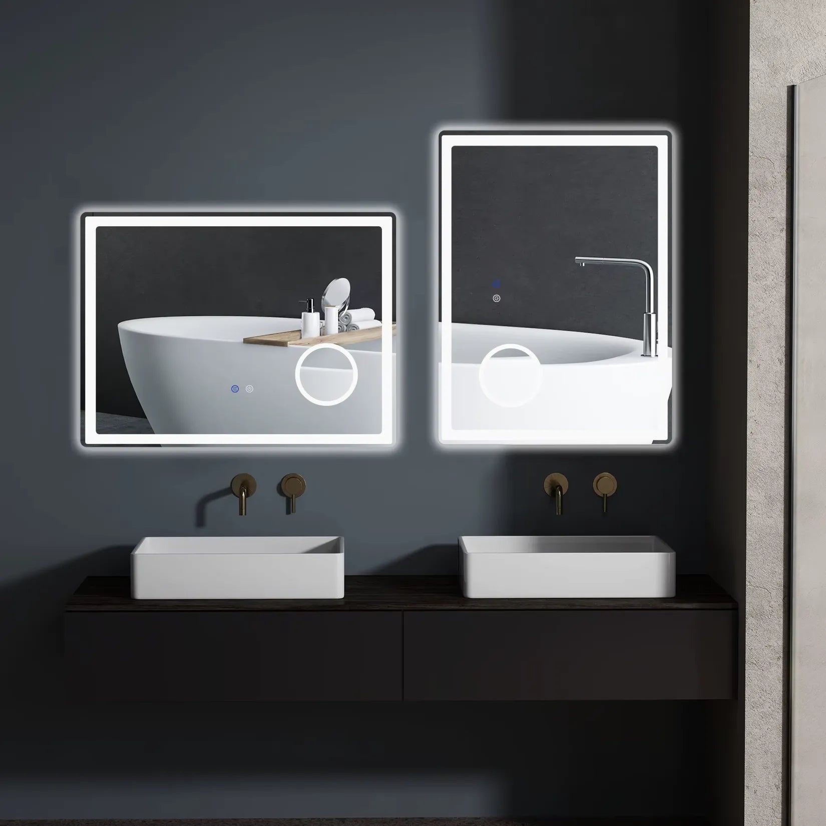 Miroir Grossissant Mural LED dans salle de bain double vasque.