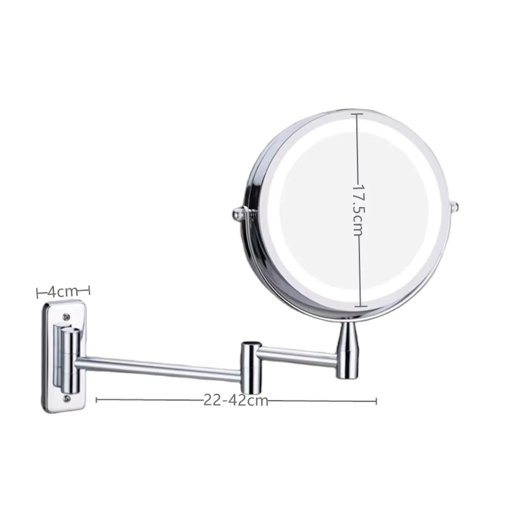 Dimensions du miroir grossissant mural x10 : glace 17,5 cm et bras 22-42 cm.