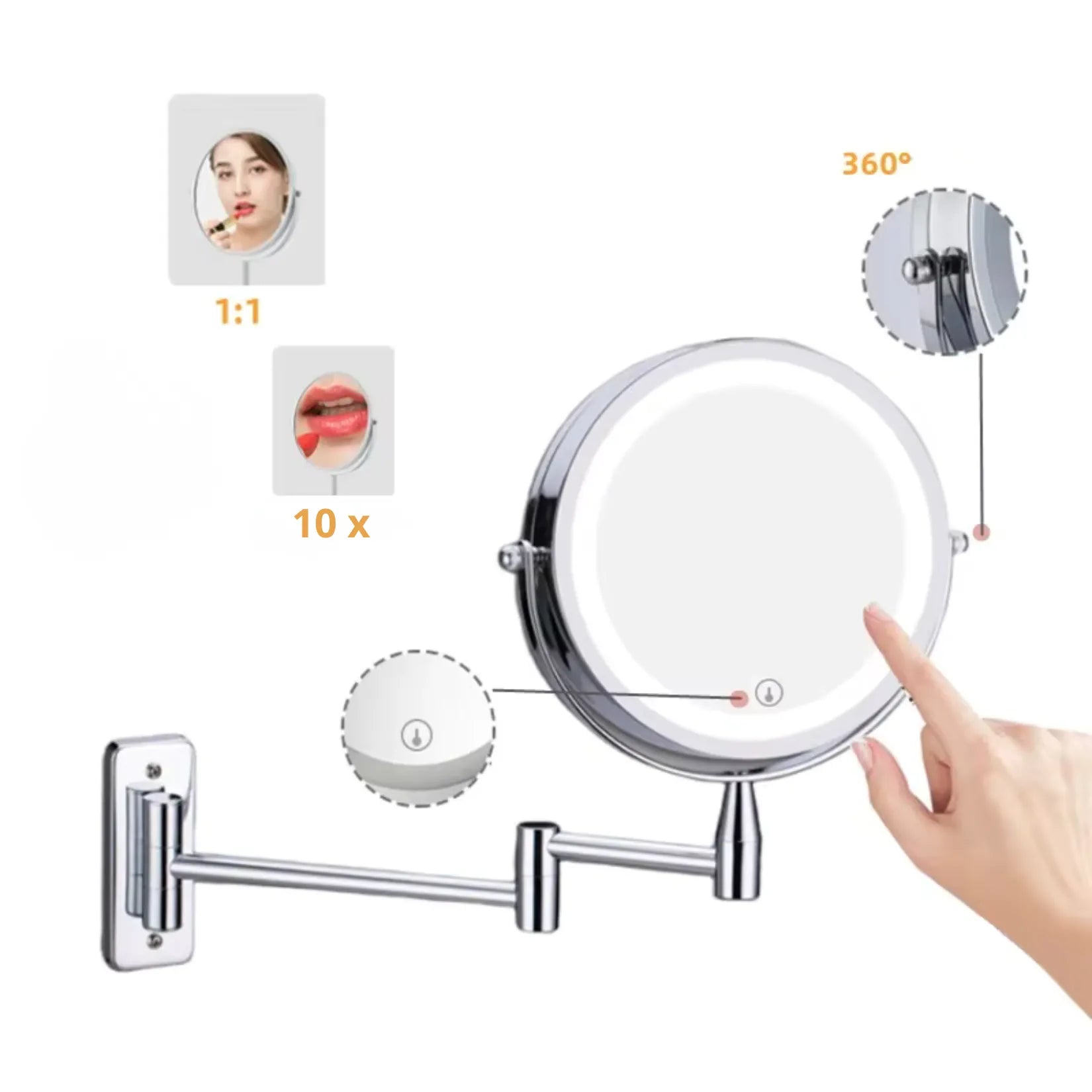 Miroir grossissant mural x10 LED double face avec rotation 360°.