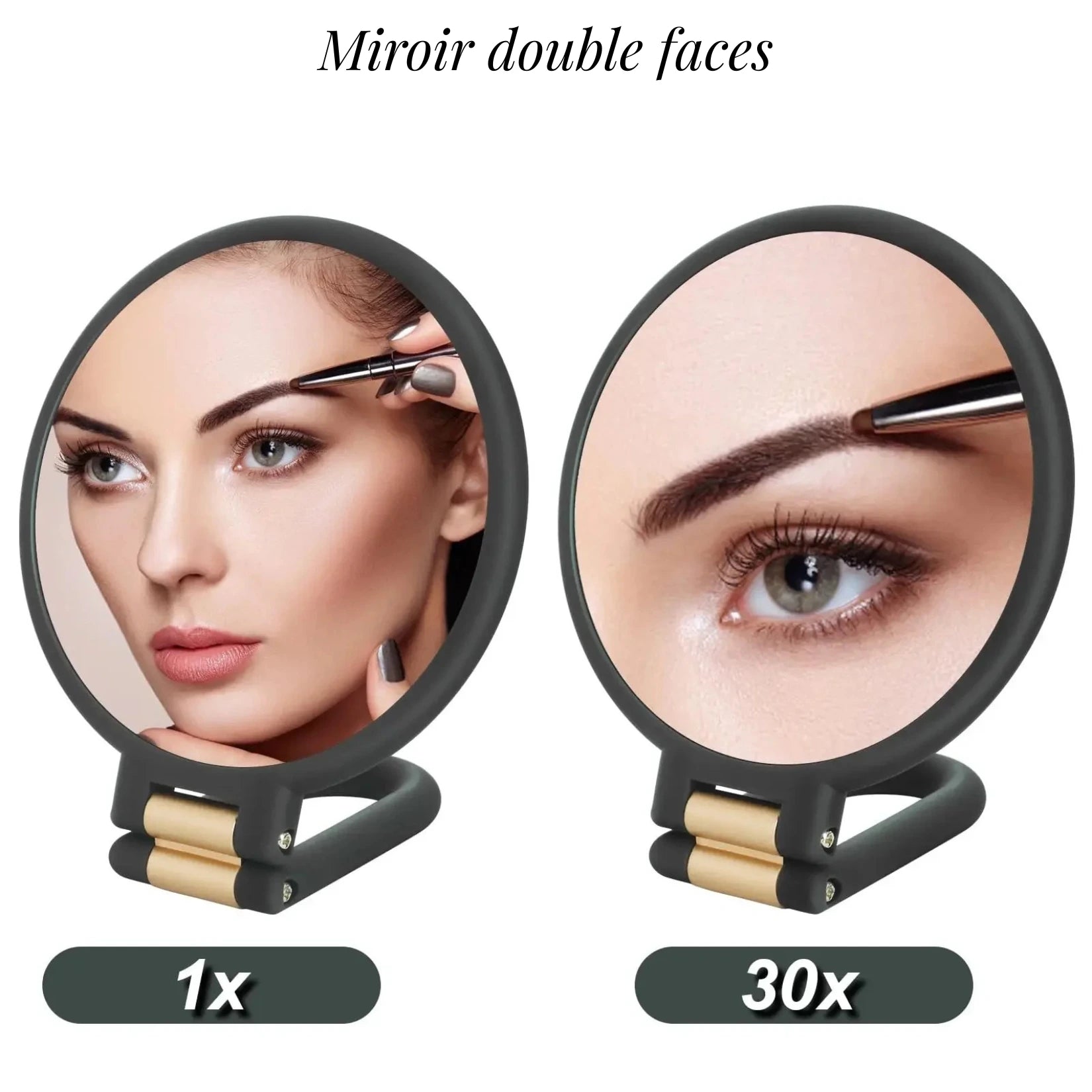 Miroir grossissant pour maquillage double face avec vue normale et zoom 30X.
