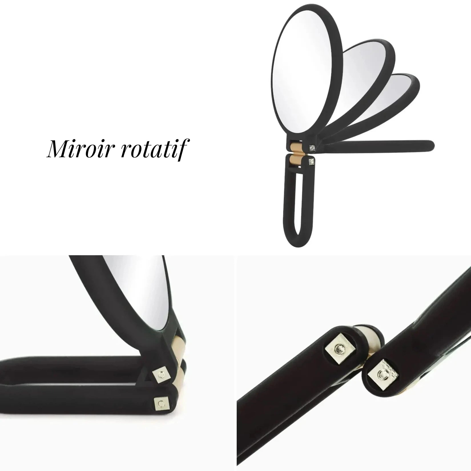 Miroir grossissant pour maquillage rotatif avec support pliable.