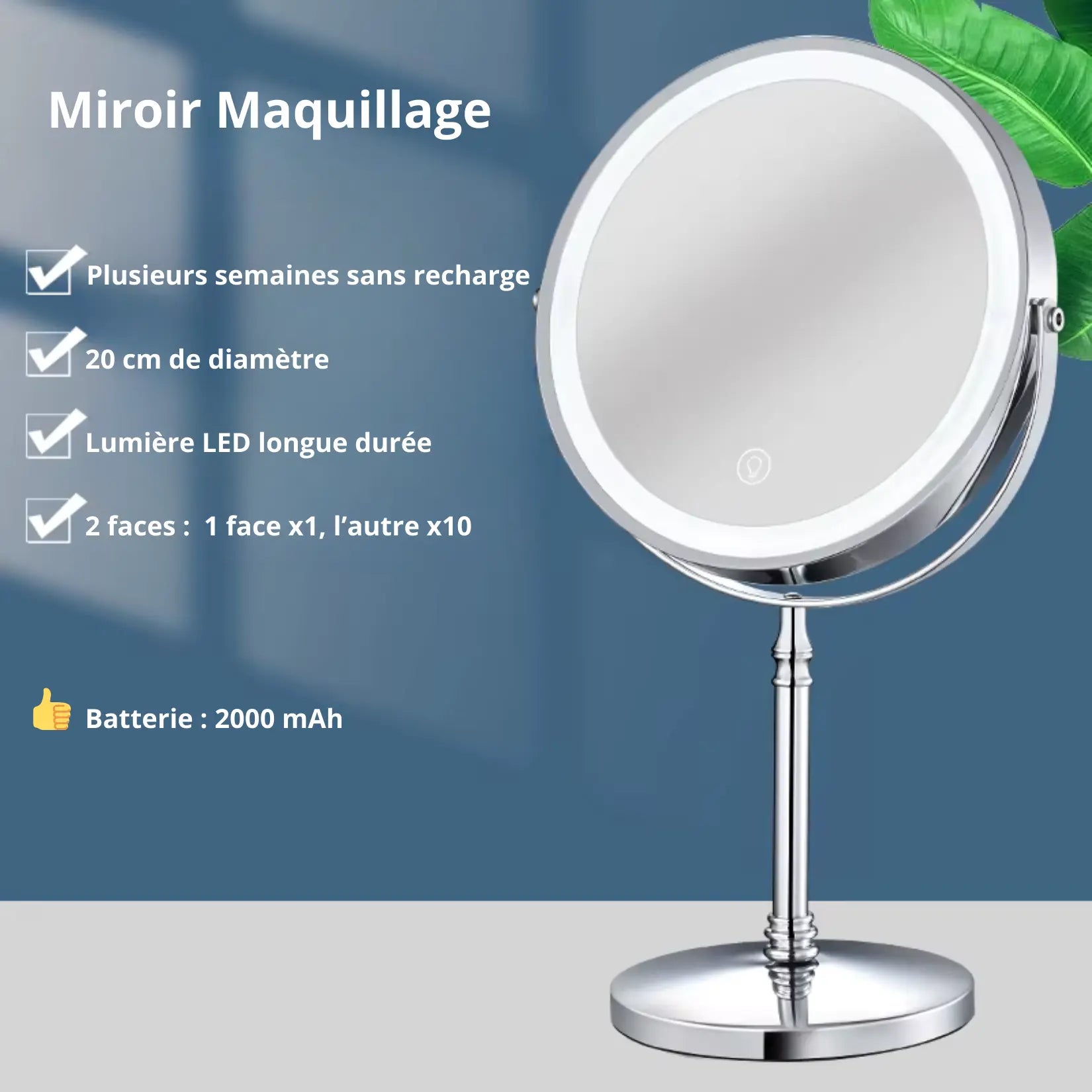 Miroir grossissant sur pied x10 avec ses caractéristiques principales.