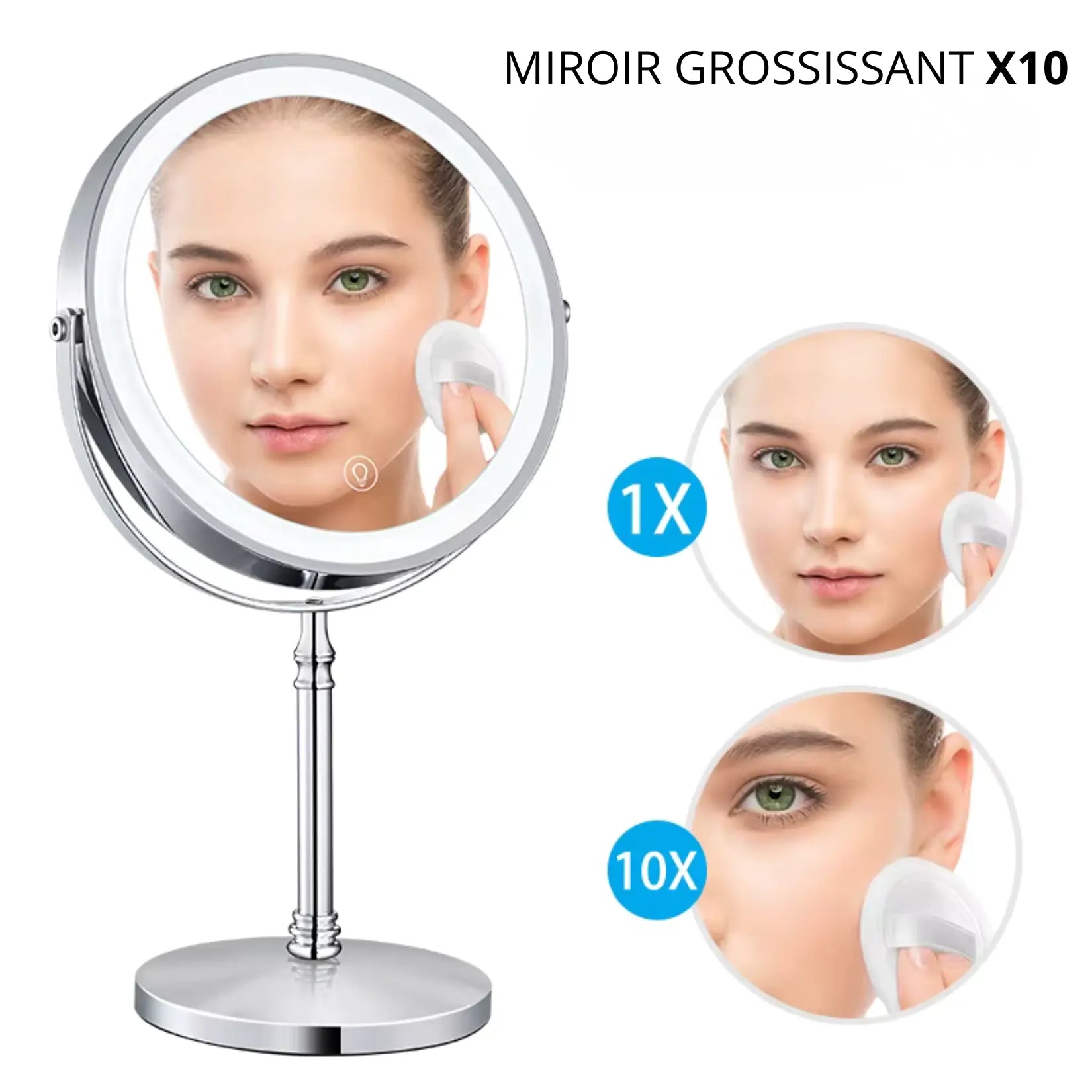 Miroir grossissant sur pied x10 double face avec vue x1 et x10.