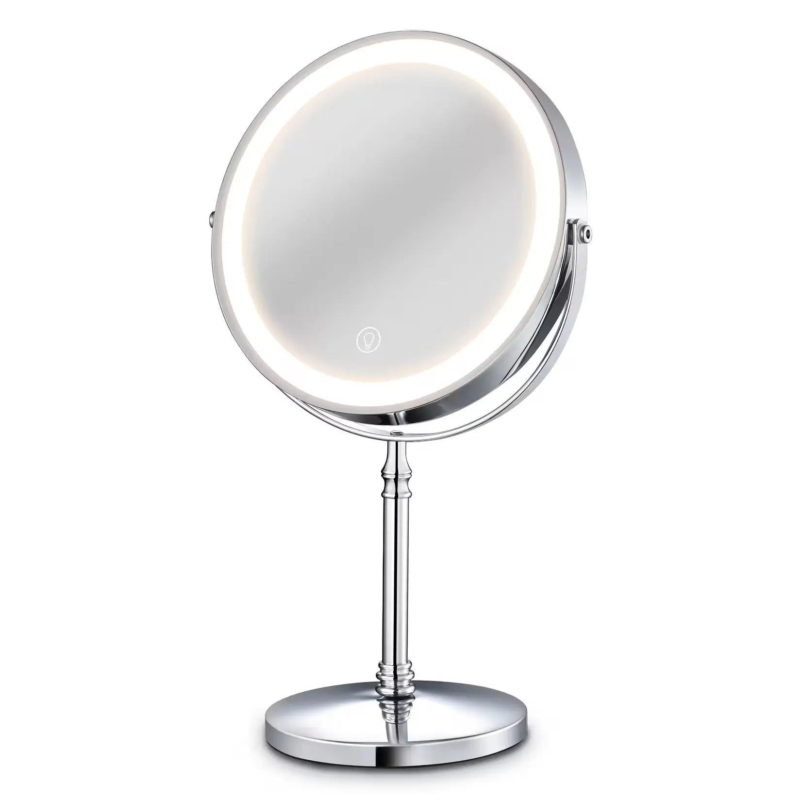 Miroir grossissant sur pied x10 avec éclairage LED allumé.