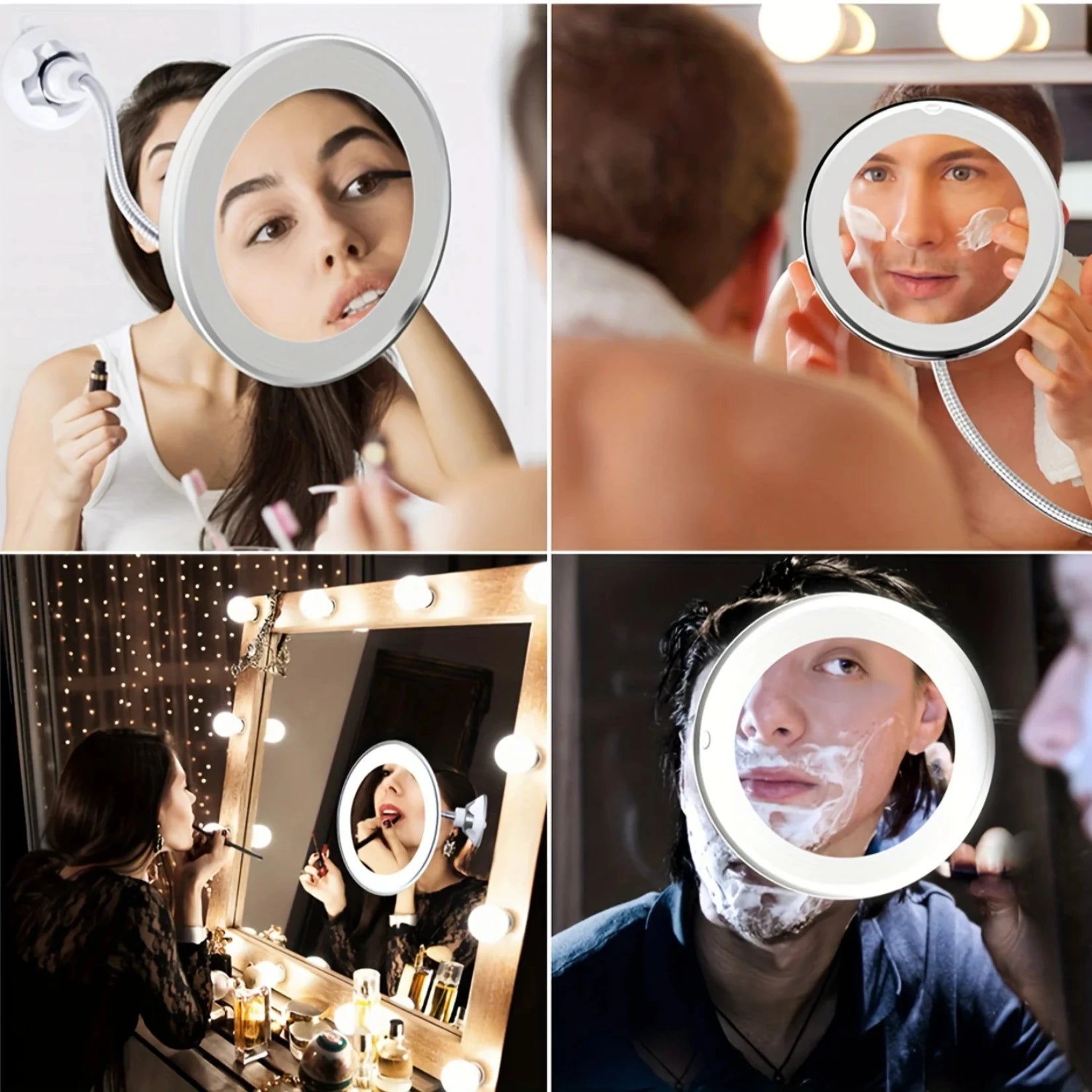 Miroir grossissant ventouse LED utilisé par un homme et une femme pour des soins du visage et le maquillage.