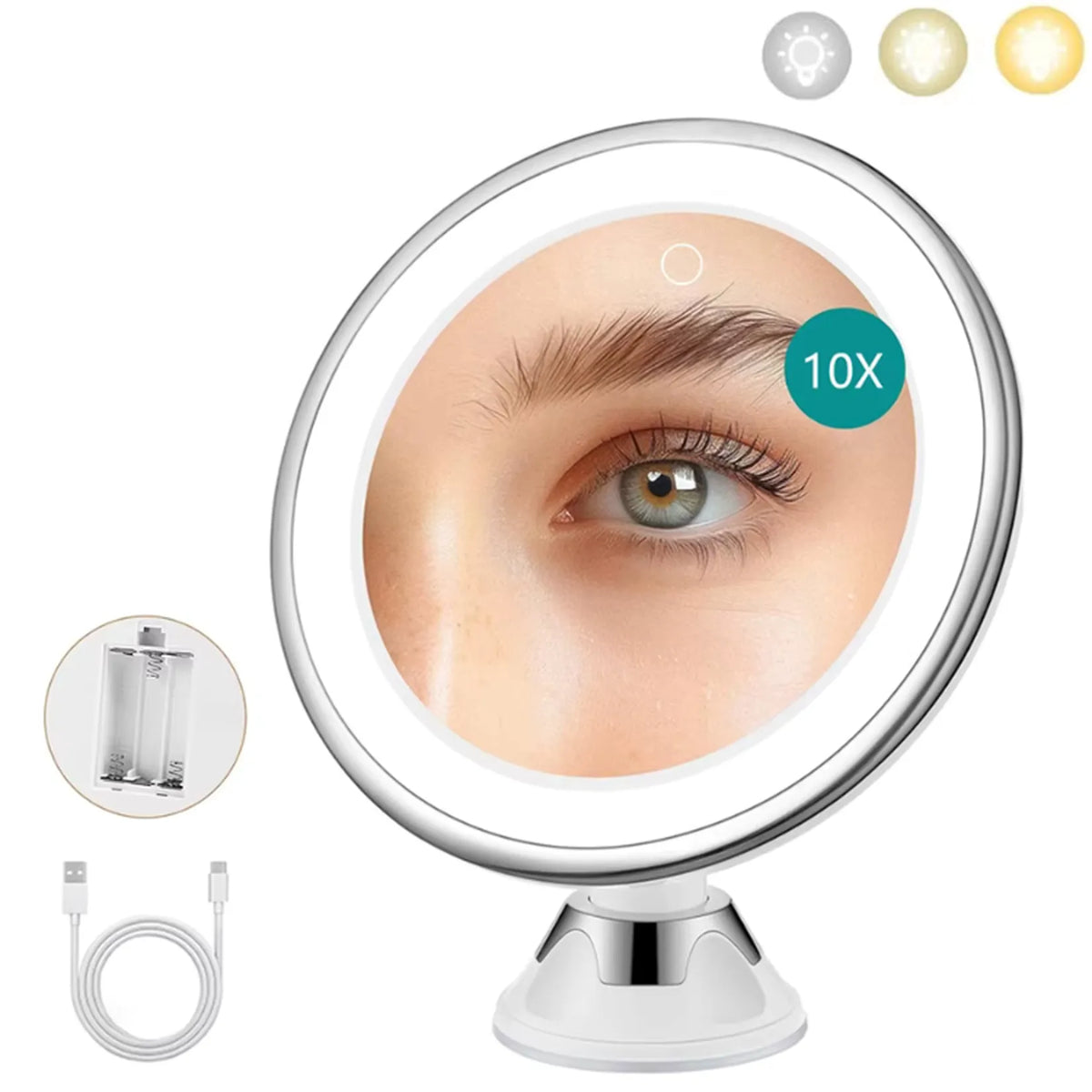 Miroir grossissant ventouse 10X blanc avec LED 3 teintes, compartiment à piles et câble USB fournis.