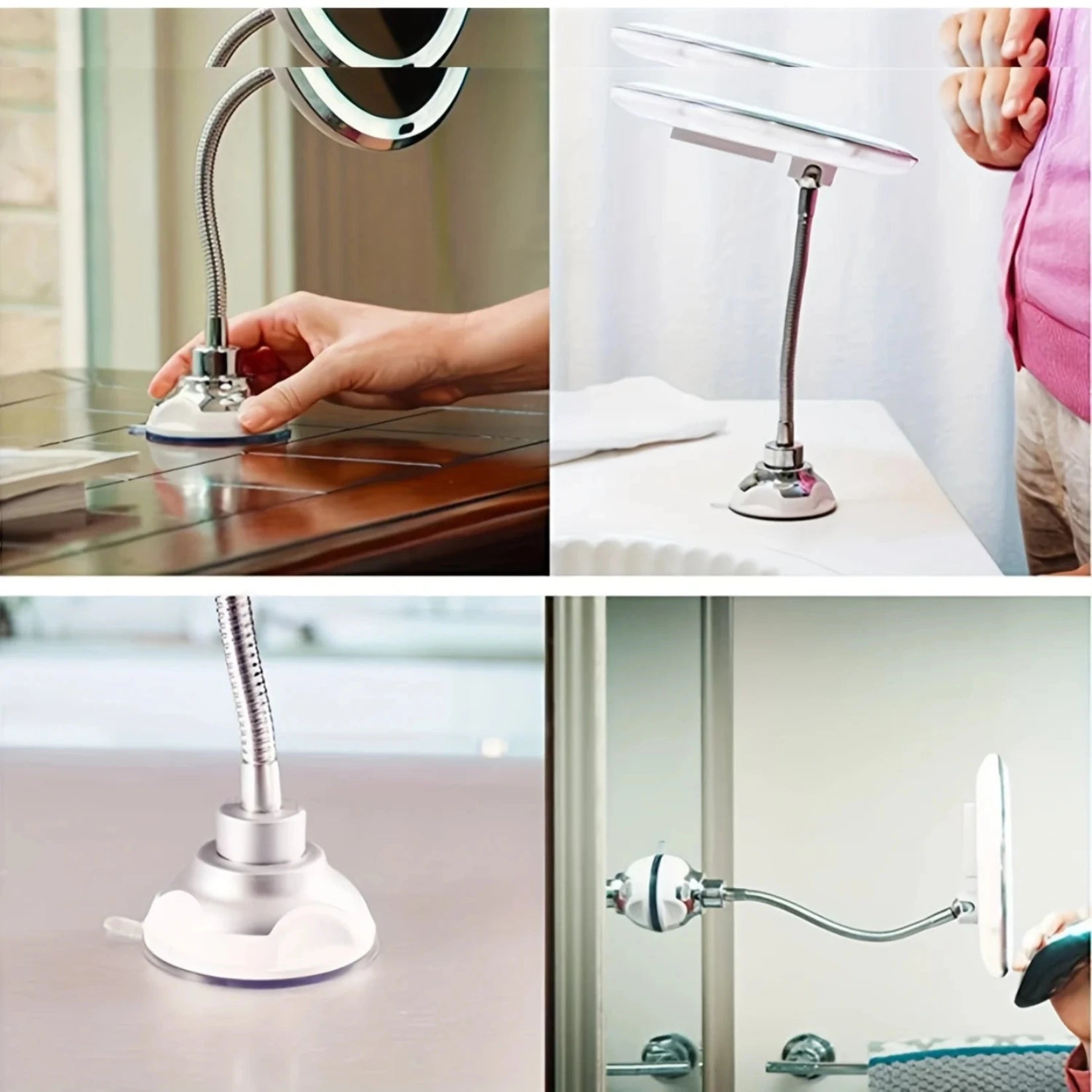 Différentes positions d'installation du miroir grossissant ventouse avec col de cygne flexible.
