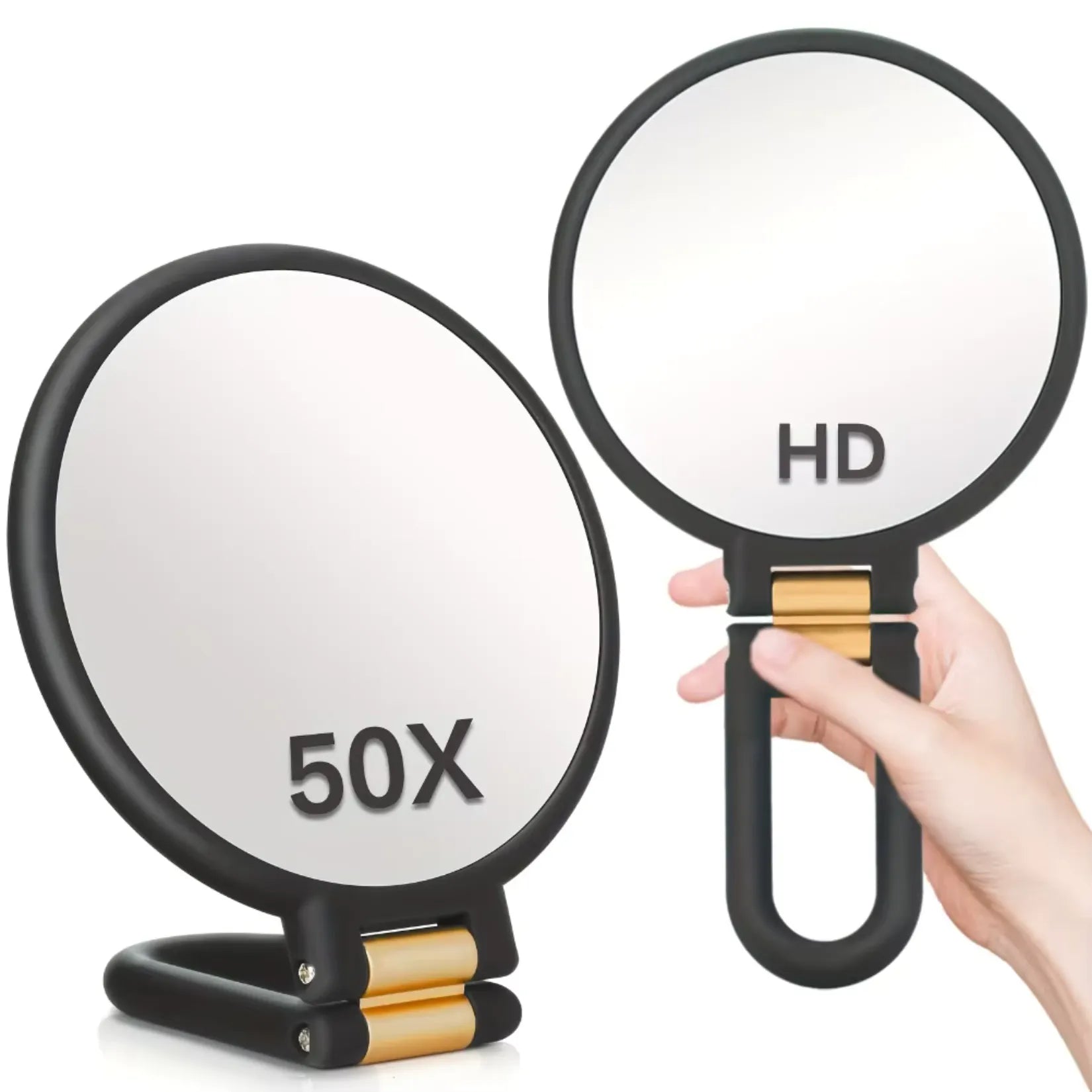 Miroir grossissant x50 double face : face 50X sur socle et face HD 1x tenue en main.