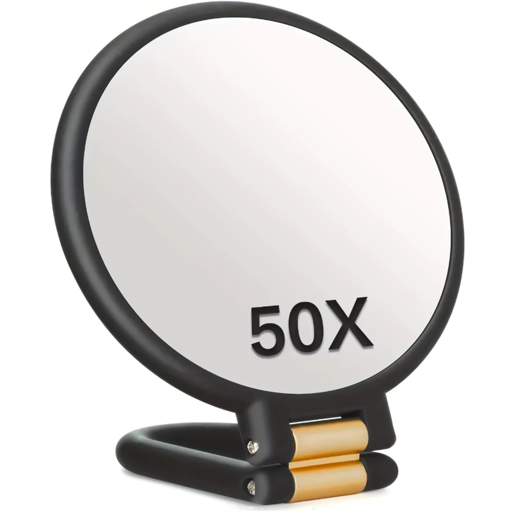 Miroir grossissant x50 déplié sur son socle, face grossissante 50X.