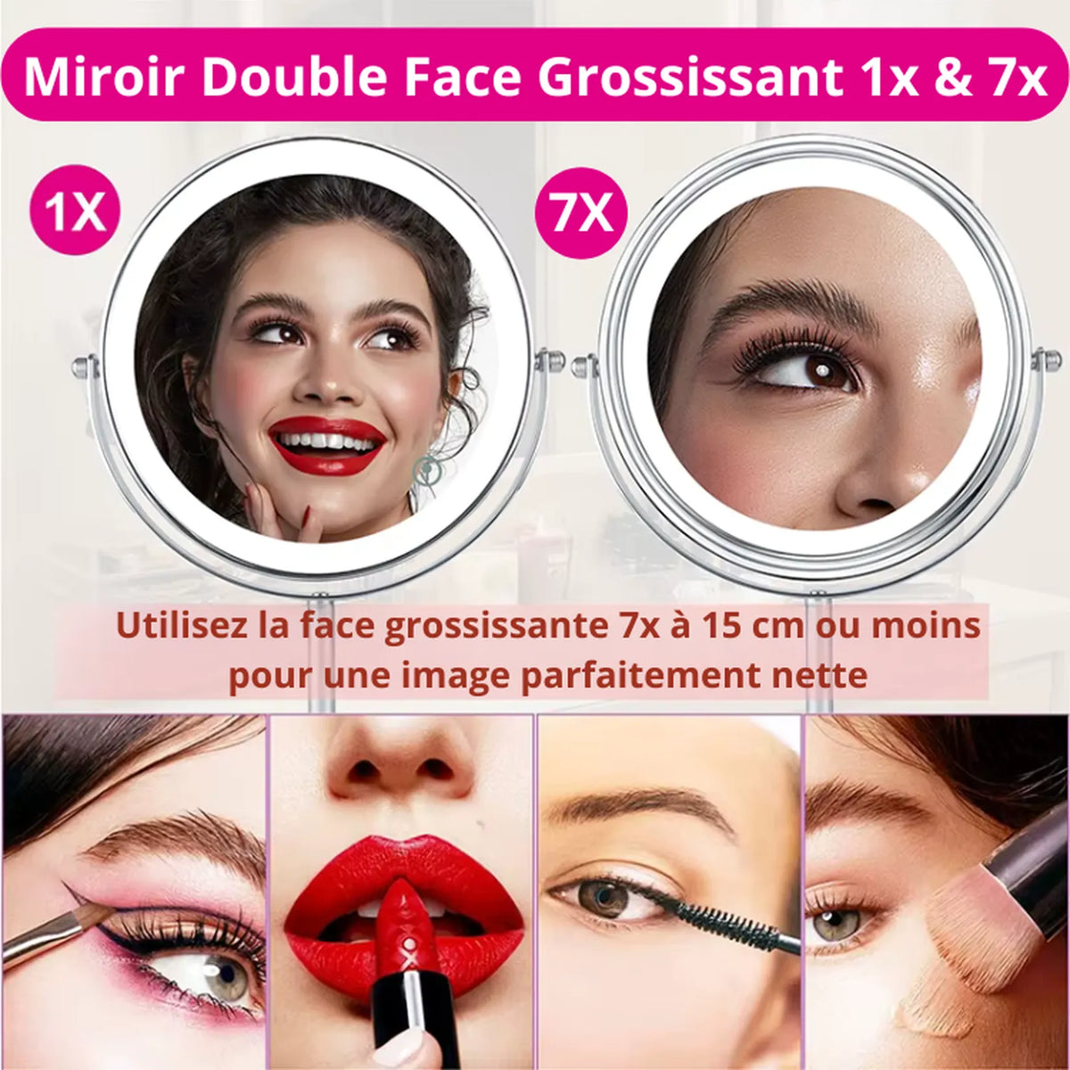 Miroir double face grossissant 1x et 7x avec éclairage LED.