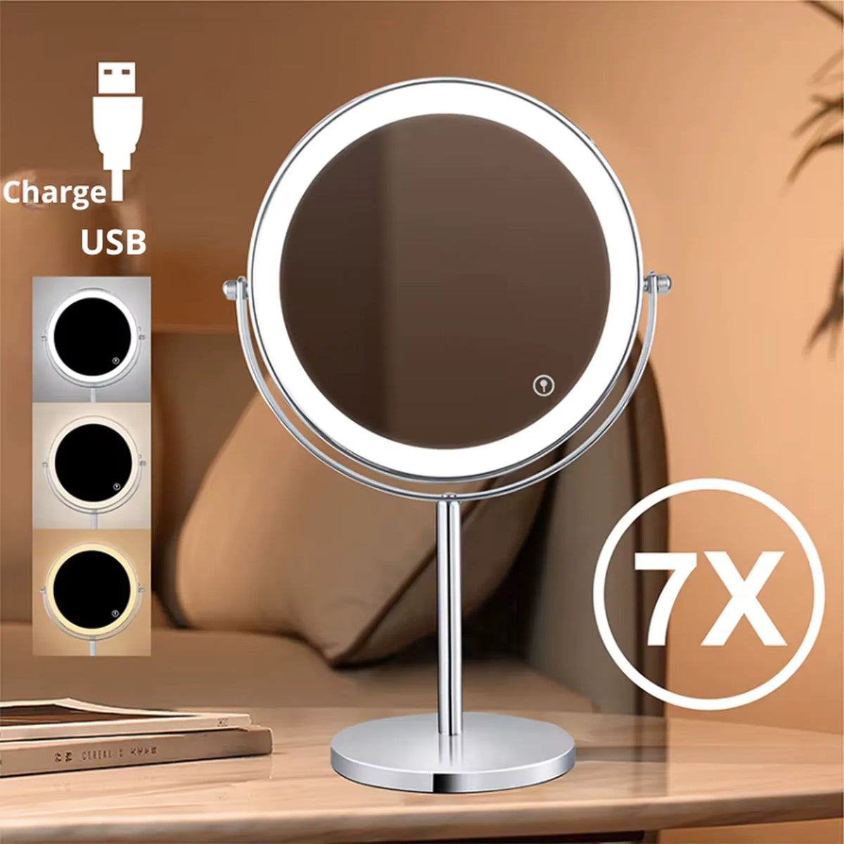Miroir grossissant x7 lumineux sur pied avec LED et charge USB.
