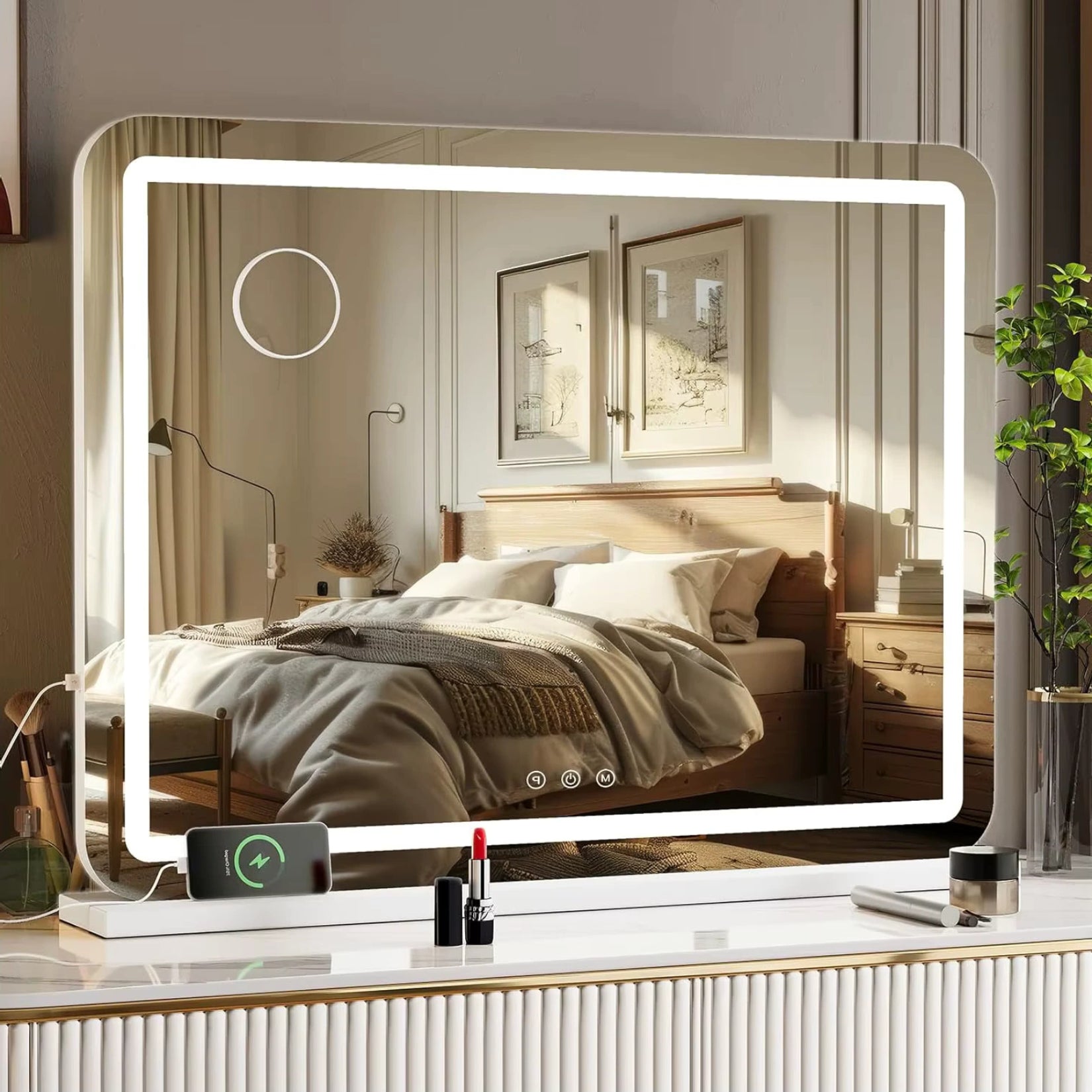 Miroir Hollywood 80x60 cm posé sur une coiffeuse, idéal pour la décoration intérieure.