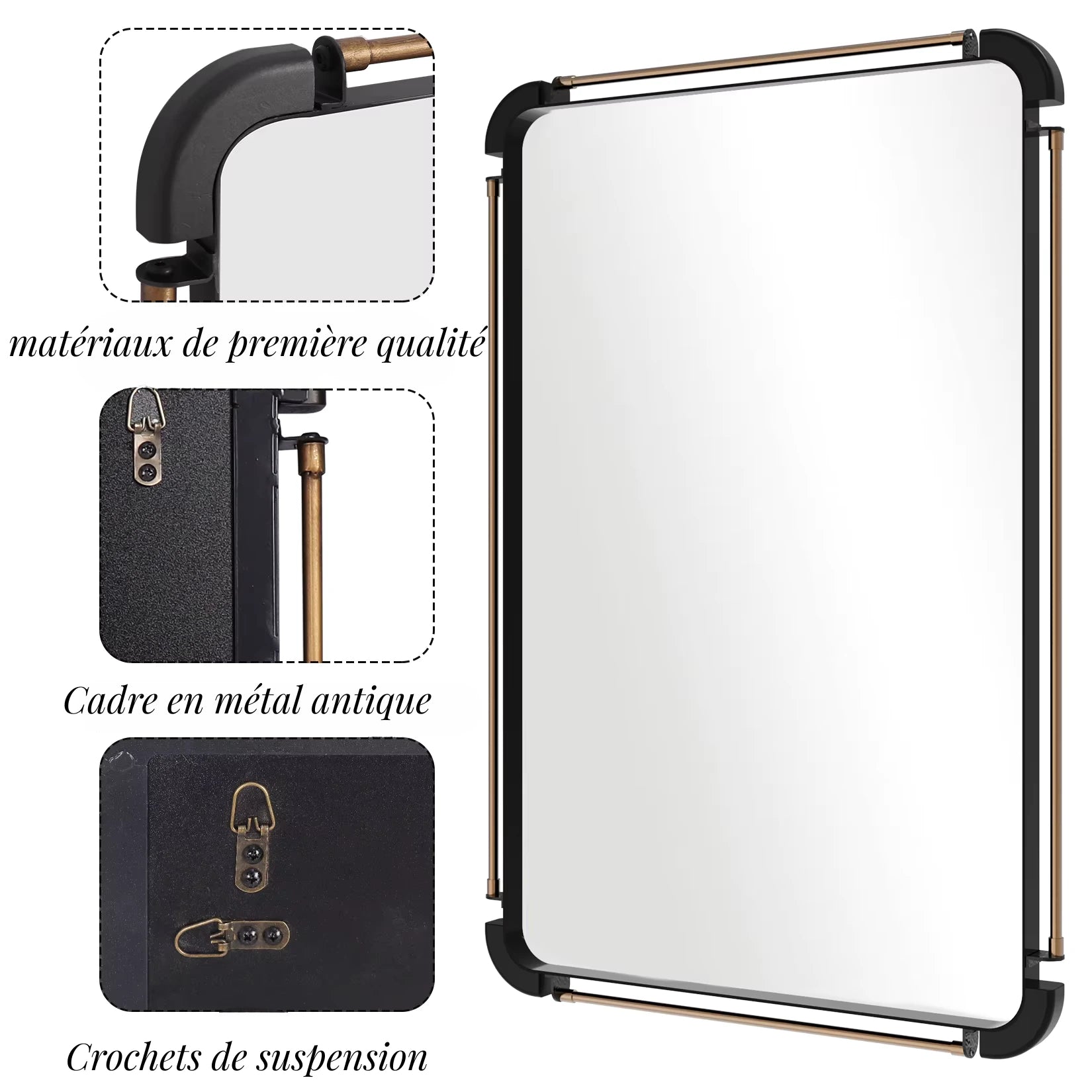 Miroir industriel incroyable avec cadre en métal antique et crochets de suspension.