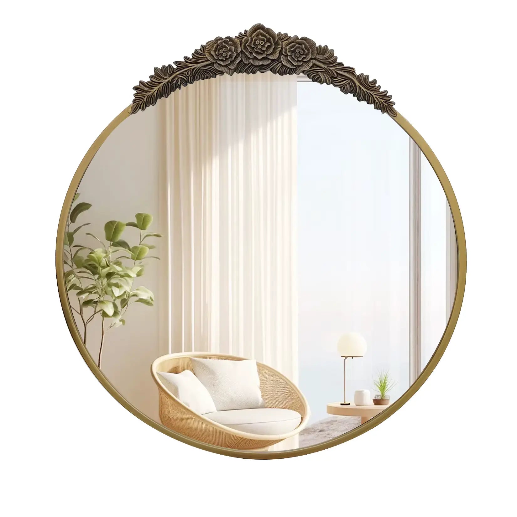 Miroir laiton rond baroque 80cm avec cadre doré et fronton roses sculptées détaillé.