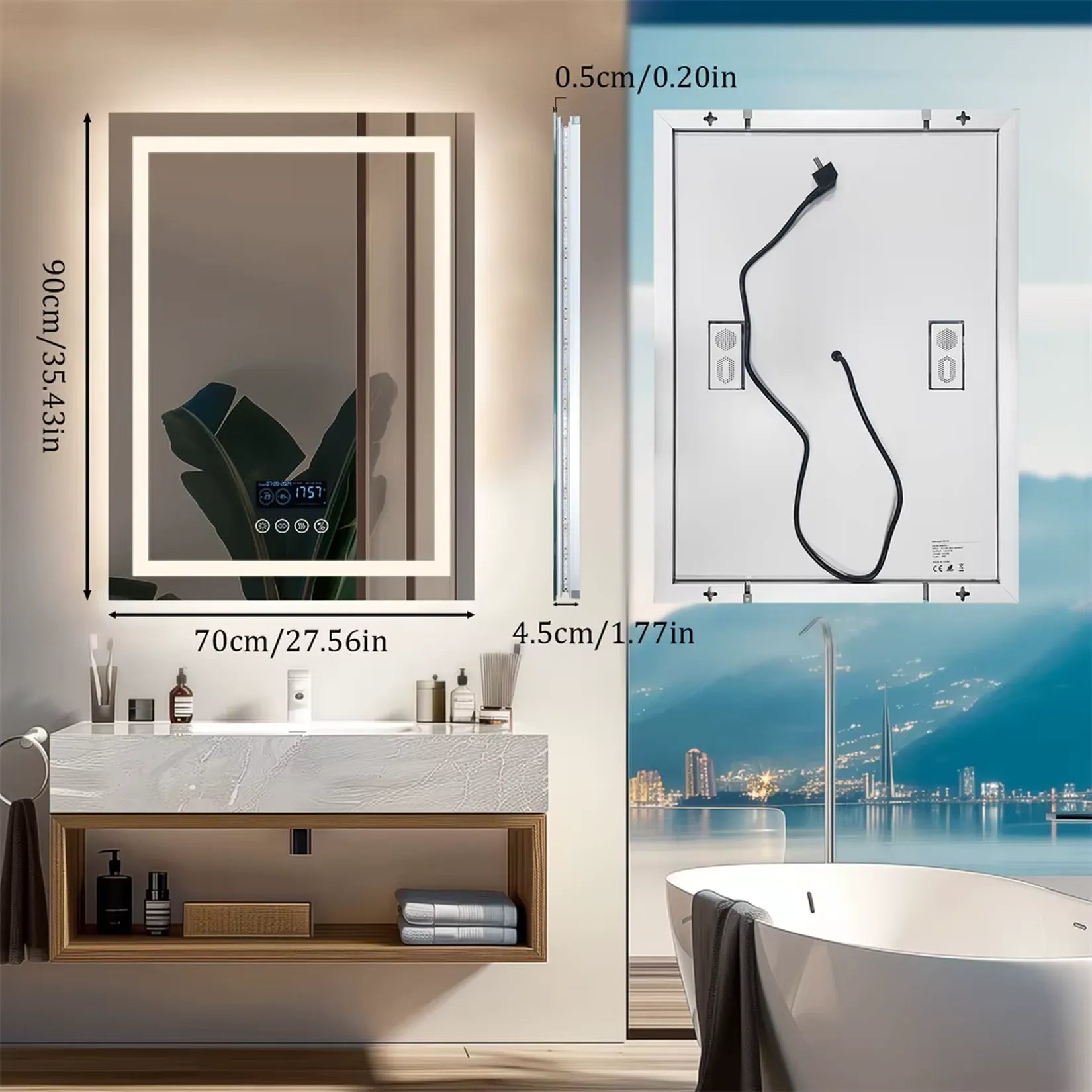 Dimensions miroir LED Bluetooth 70x90 cm – vue de face et verso.