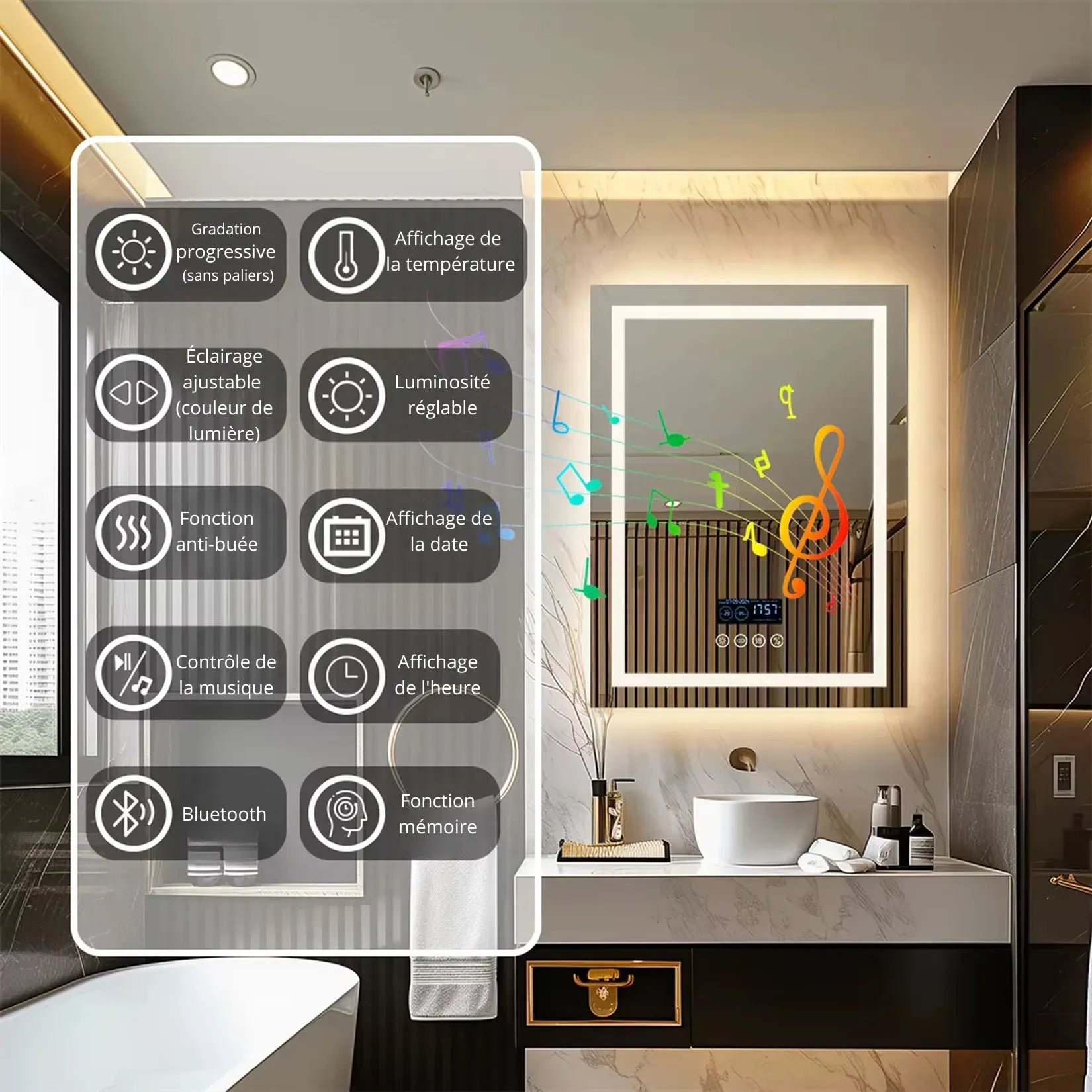 Fonctions du miroir LED Bluetooth : gradation, anti-buée, affichage température.
