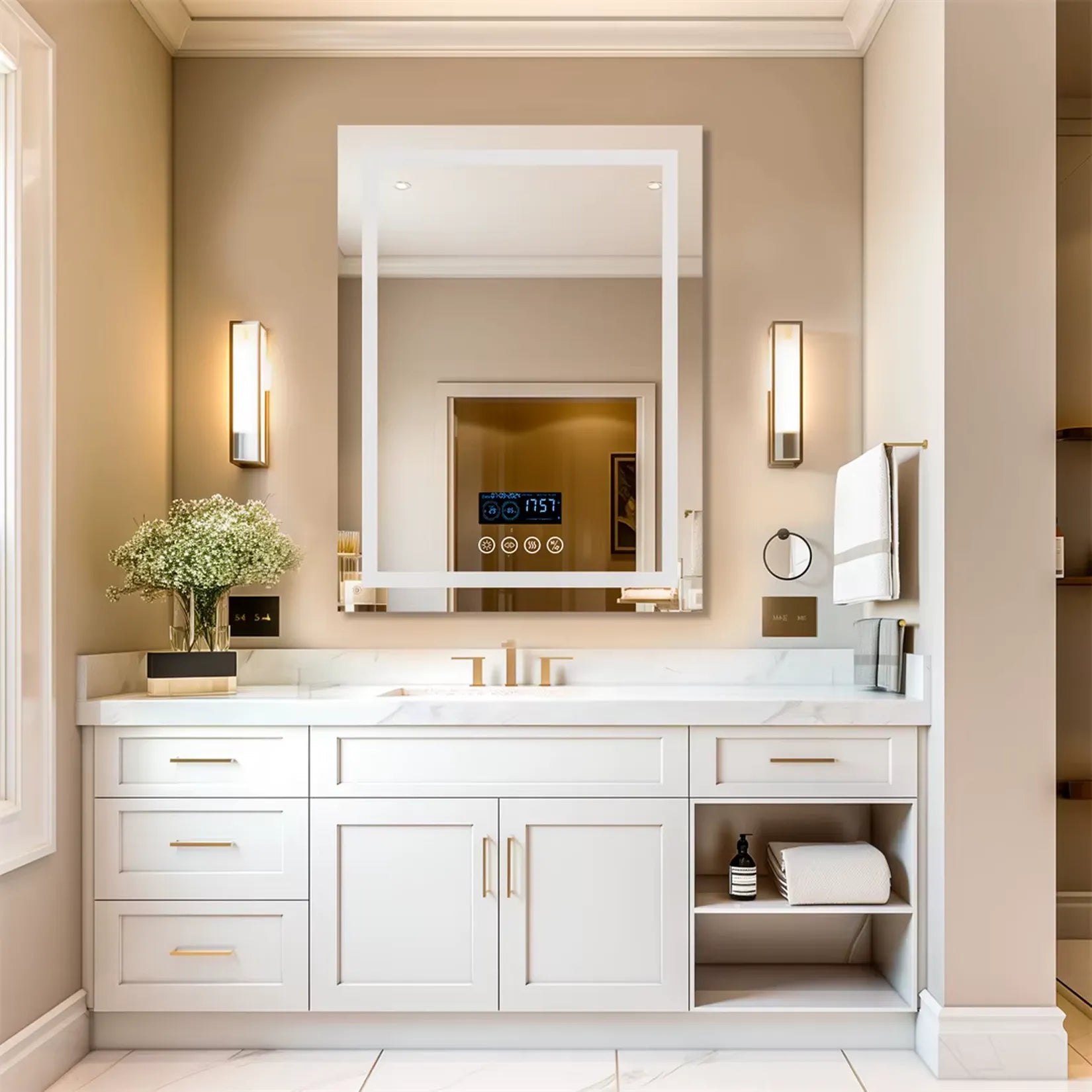 Miroir LED Bluetooth dans salle de bain classique blanc et or.