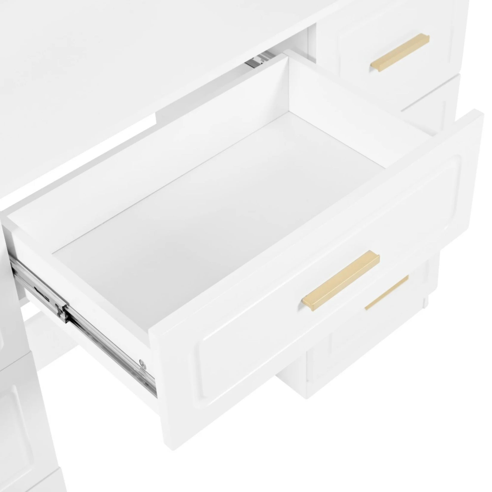 Miroir LED coiffeuse blanche avec tiroir ouvert spacieux, poignées dorées modernes.