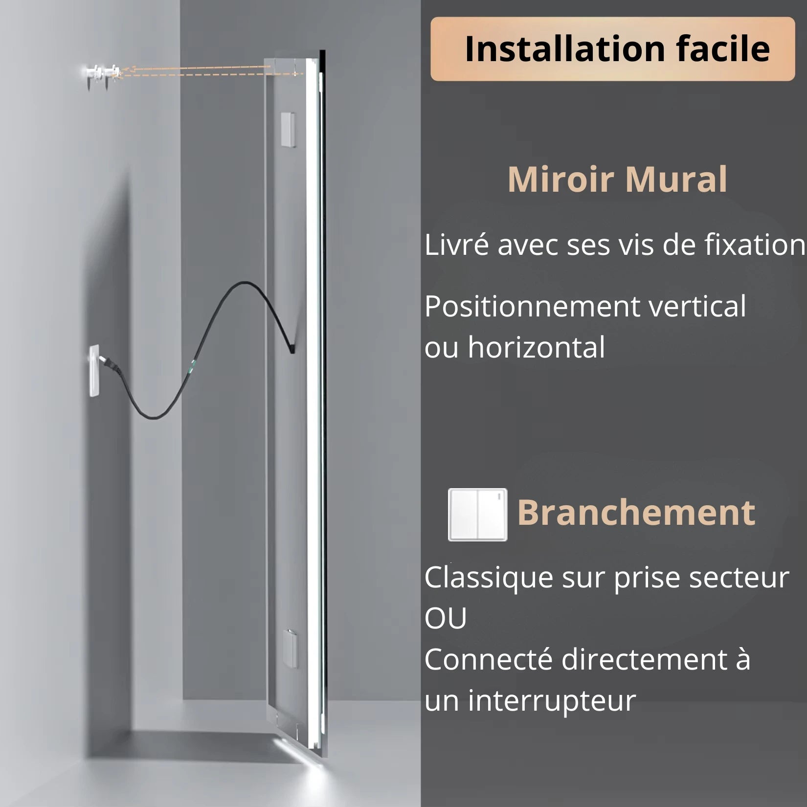 Schéma d’installation murale du miroir LED avec branchement sur prise ou interrupteur.