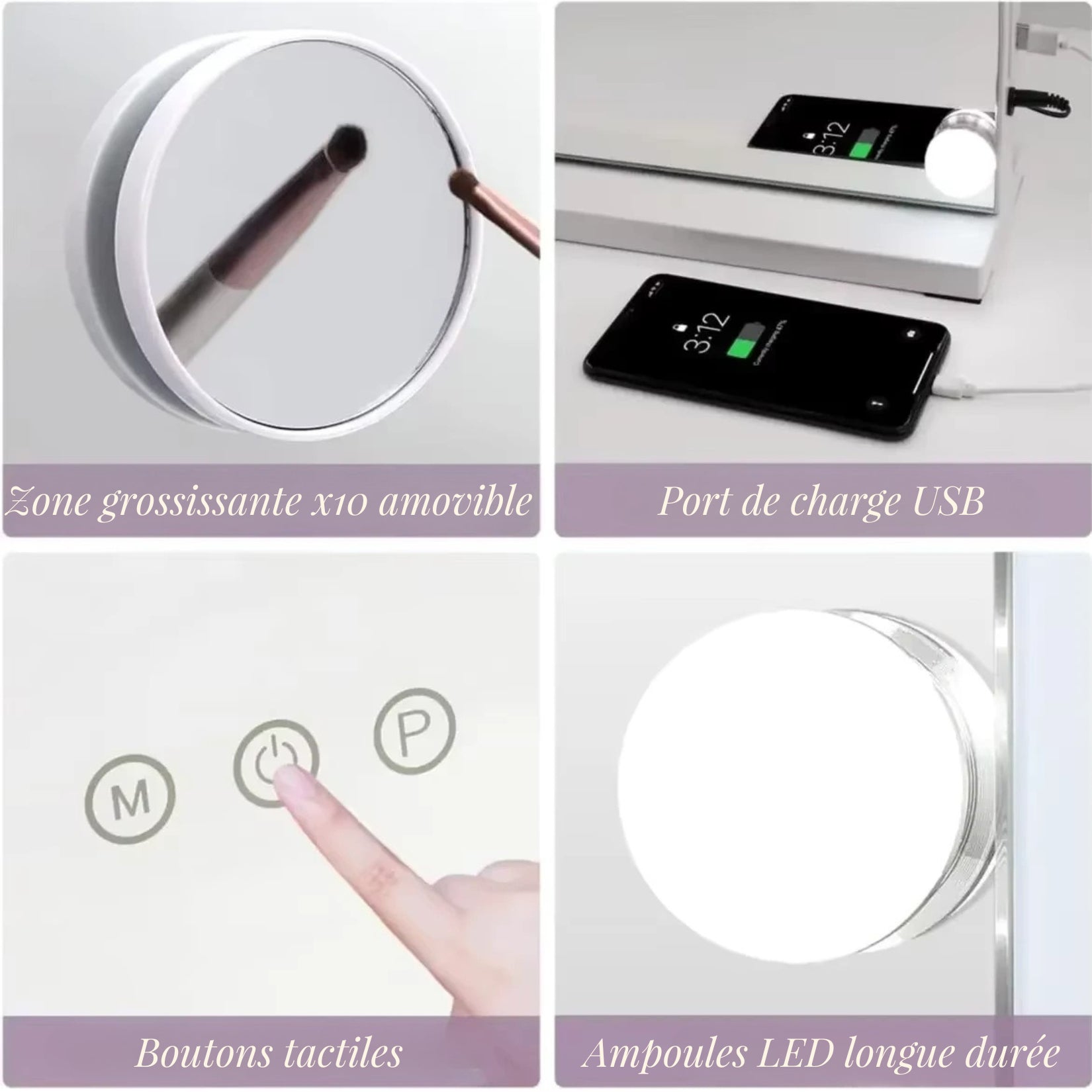Miroir LED Maquillage avec zone grossissante X10 et port de charge USB