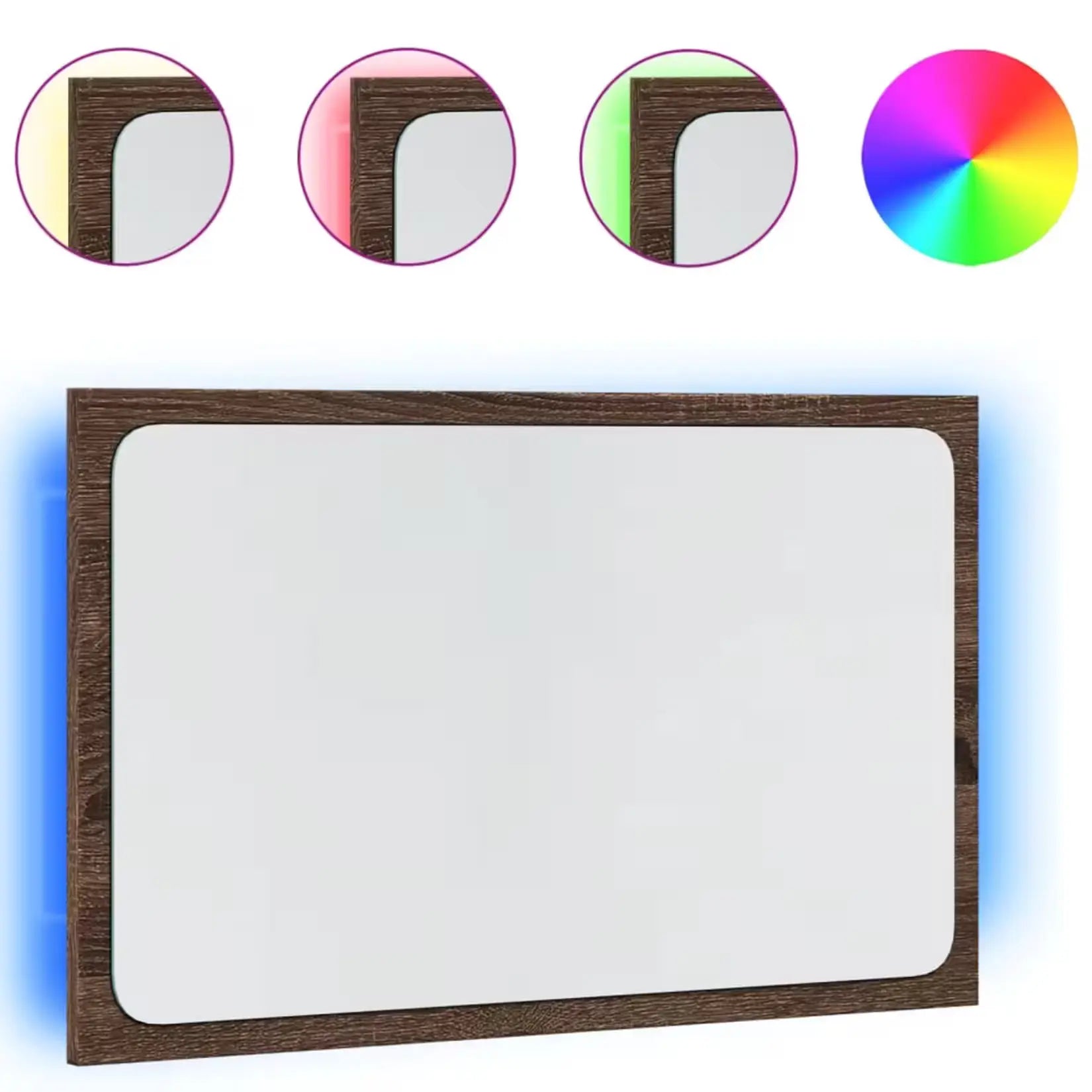 Miroir LED rectangulaire avec cadre en chêne marron, aperçu des couleurs d’éclairage disponibles.