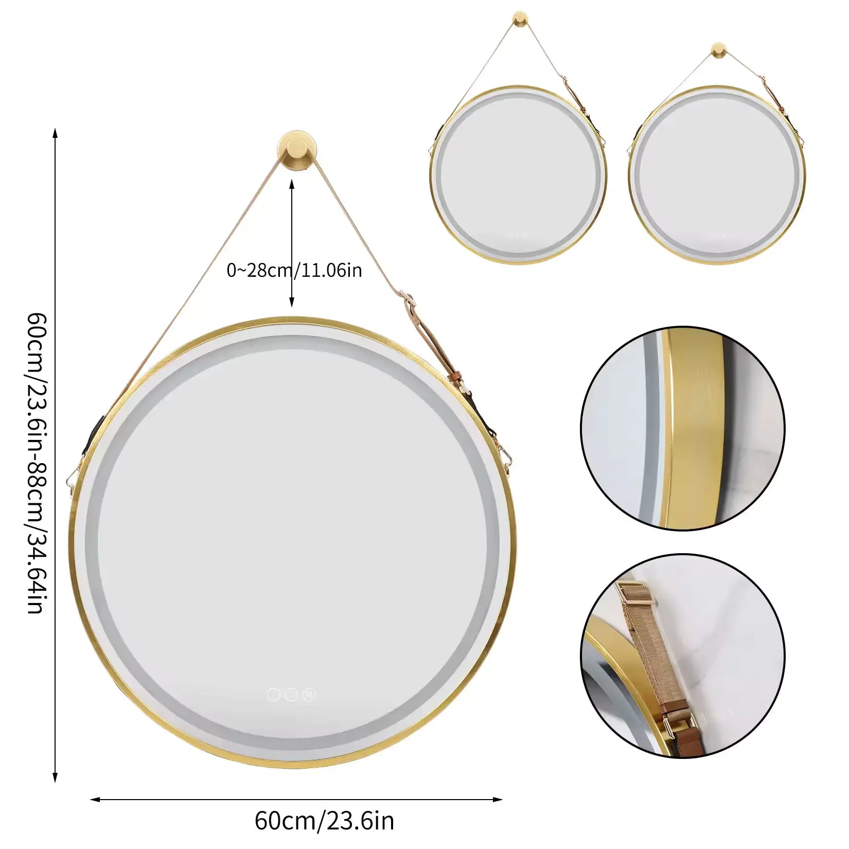 Miroir LED rond doré 60 cm – schéma des dimensions et sangle de suspension réglable.