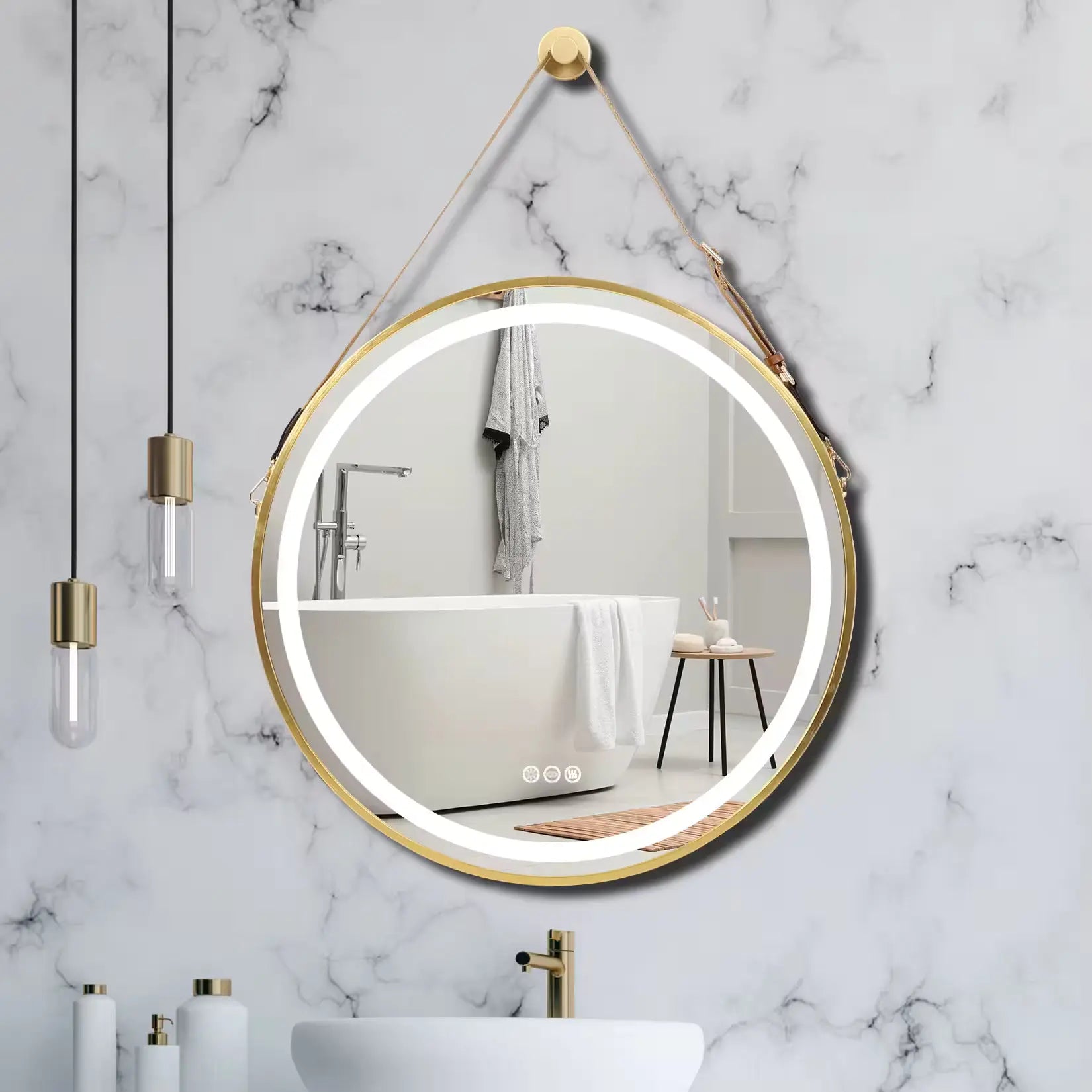 Miroir LED rond doré – mise en scène sur mur effet marbre avec anneau lumineux.