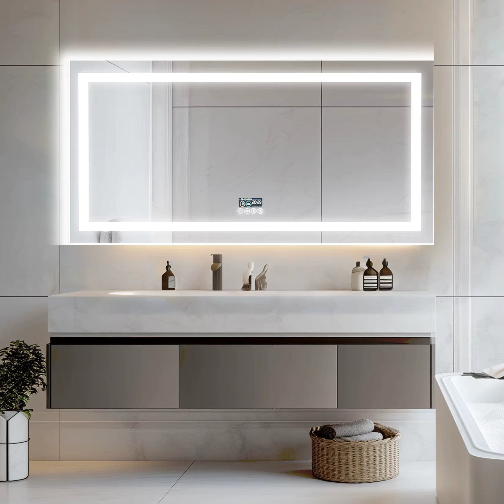 Miroir LED rectangulaire au-dessus d’un meuble vasque dans une salle de bain blanche moderne.