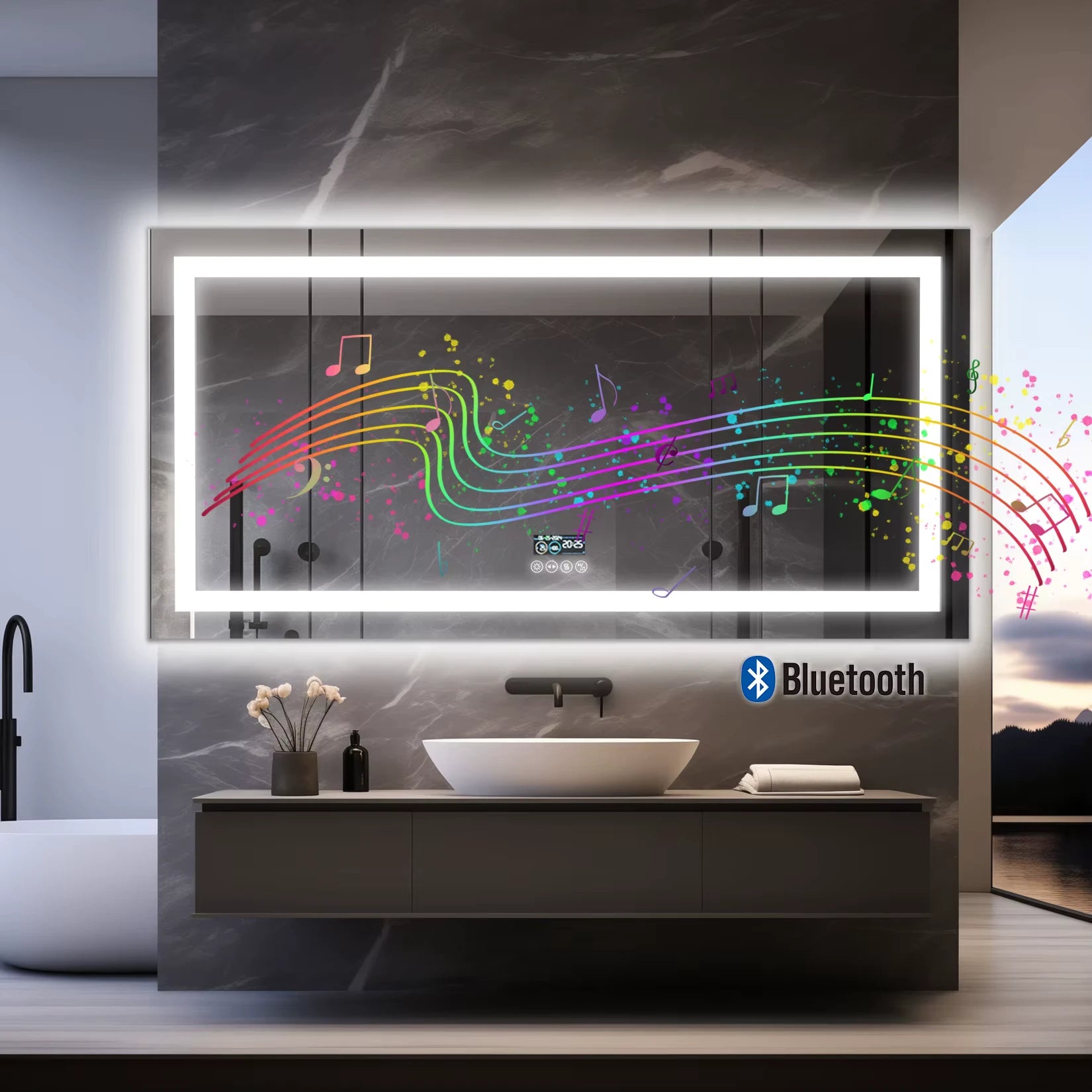 Miroir LED de salle de bain avec haut-parleur Bluetooth et effets musicaux colorés sur la glace.