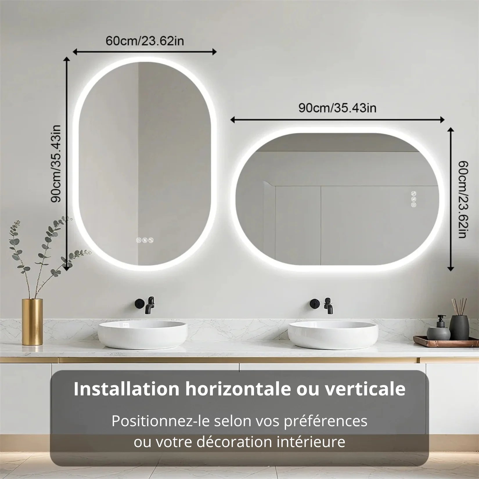 Miroir LED salle de bain 60x90 cm vertical ou horizontal.