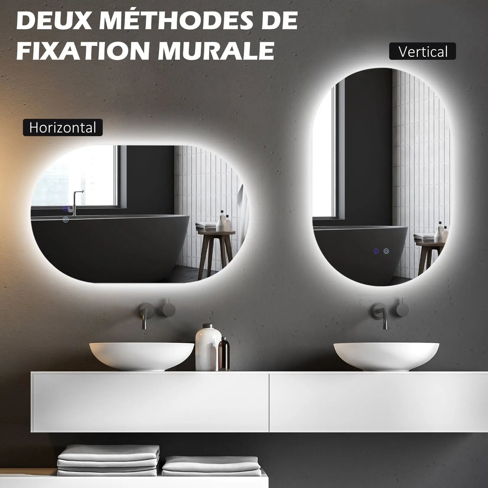 Miroir LED salle de bain fixé au mur en position horizontale ou verticale, installation adaptable.