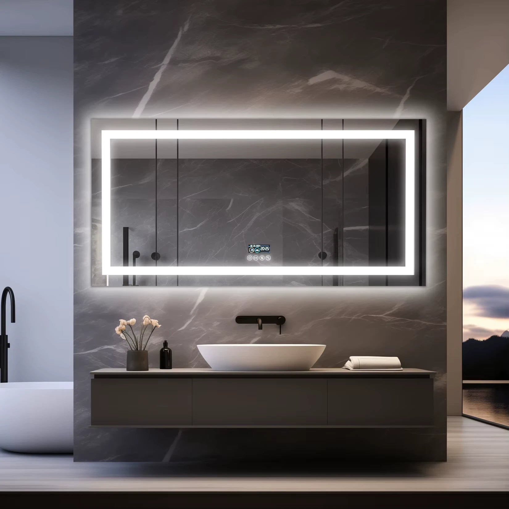 Miroir LED rectangulaire monté sur un mur gris dans une salle de bain contemporaine.
