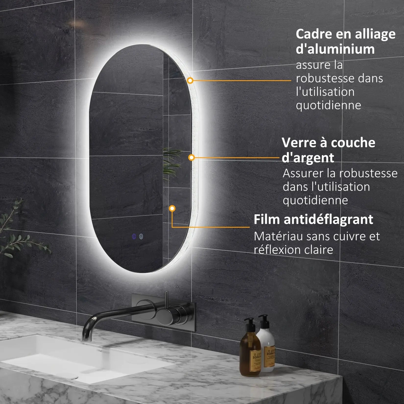 Zoom sur les matériaux du miroir LED salle de bain : cadre aluminium, verre à couche d’argent et film antidéflagrant.