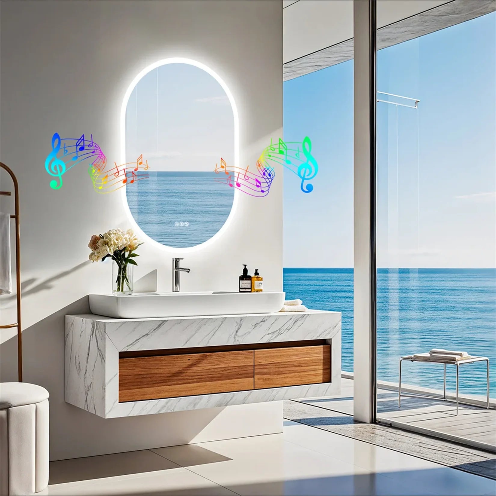 Miroir LED salle de bain pose verticale vue mer.