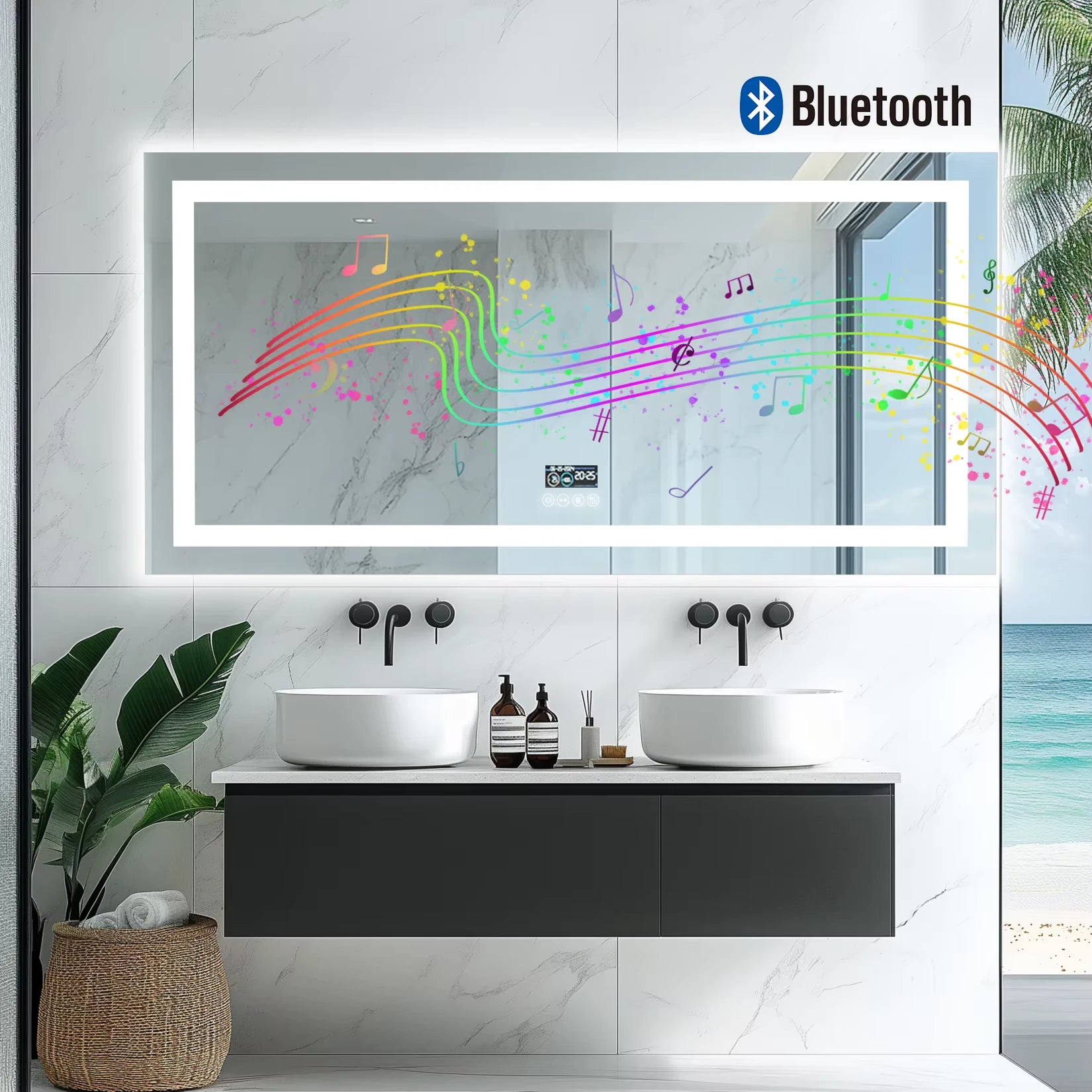 Miroir LED mural avec fonction Bluetooth dans une salle de bain donnant sur la mer.