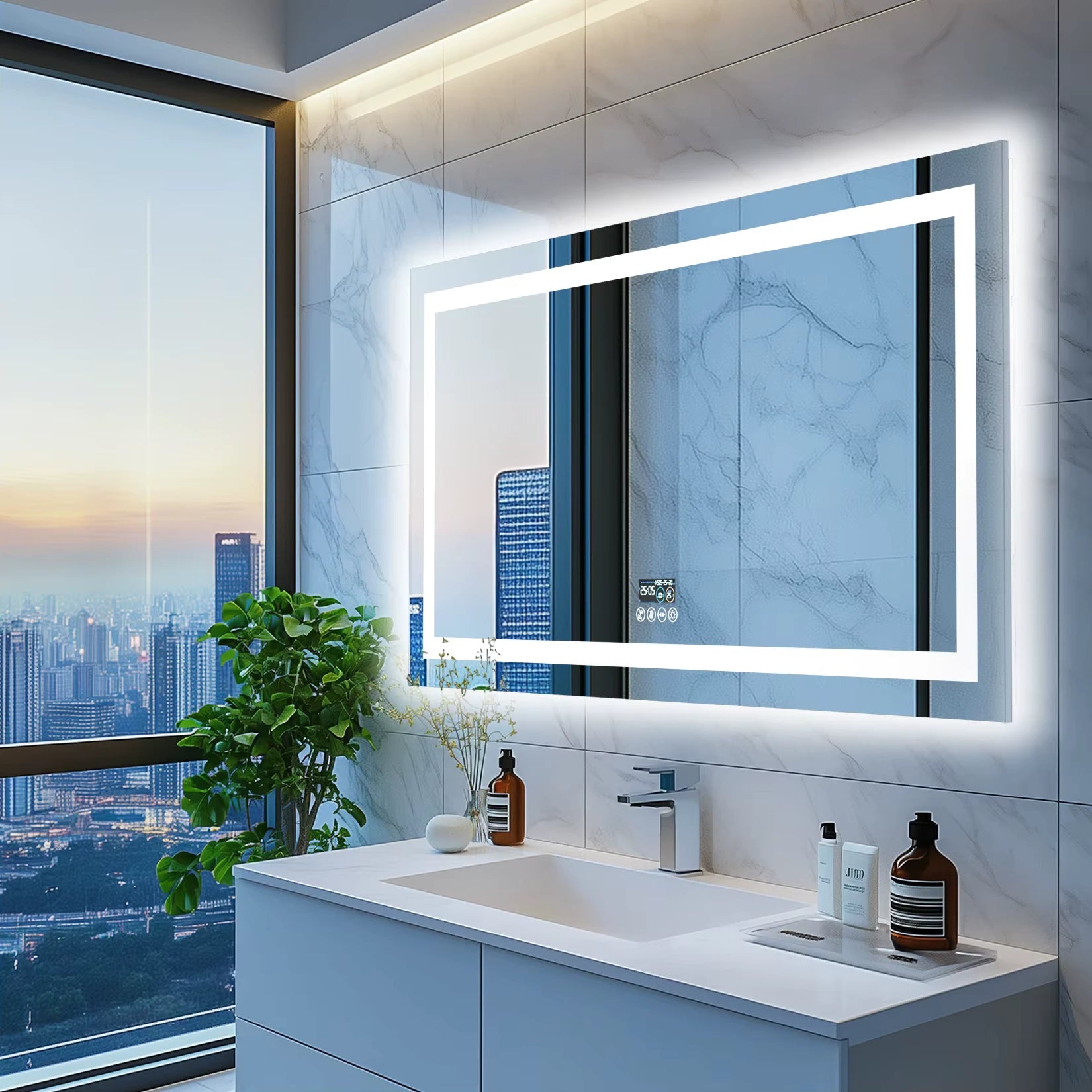 Miroir LED rectangulaire dans une salle de bain avec vue panoramique sur la ville.