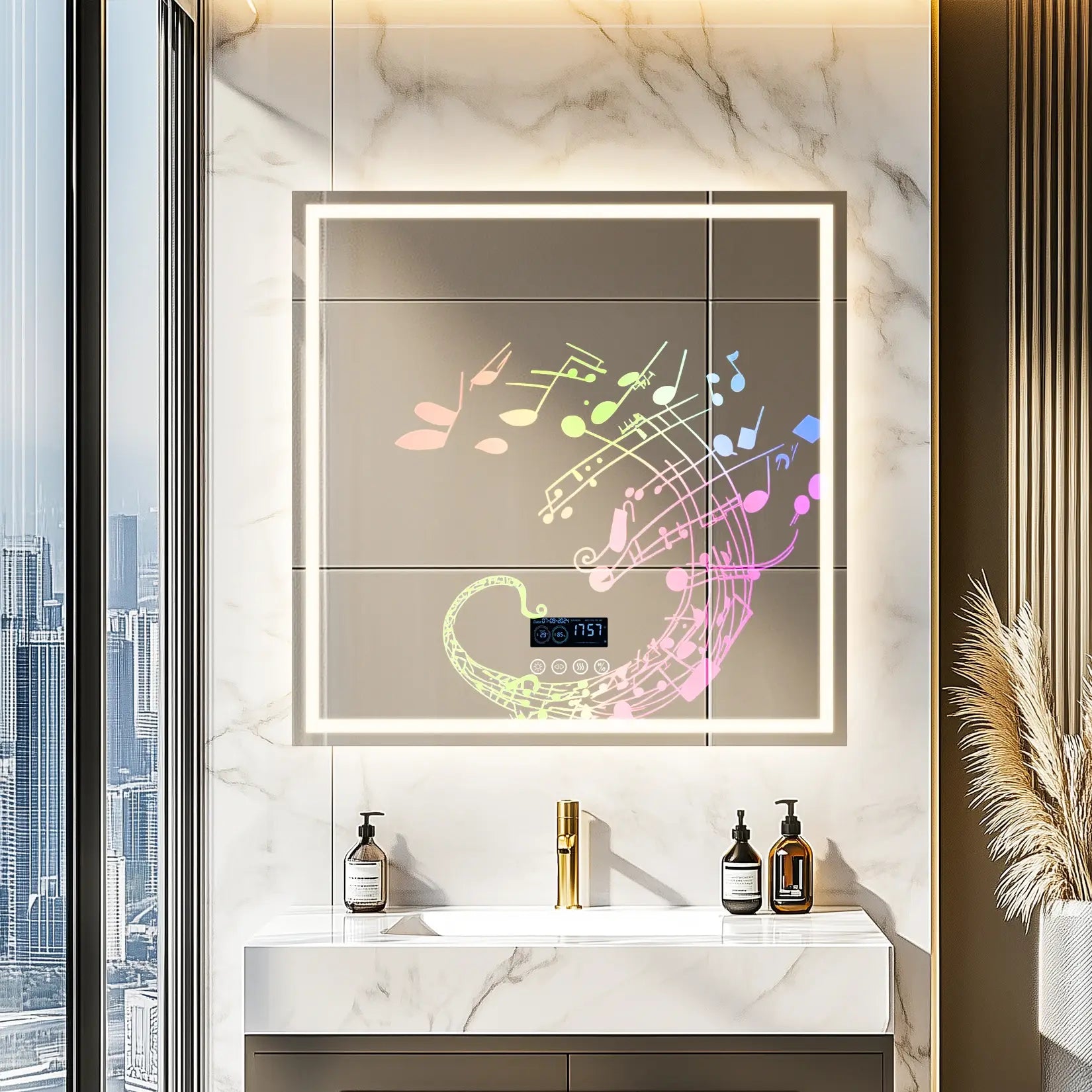 Miroir LED Bluetooth carré éclairé, installé contre un mur en marbre dans une salle de bain haut de gamme, avec des notes musicales colorées illustrant la fonction audio.