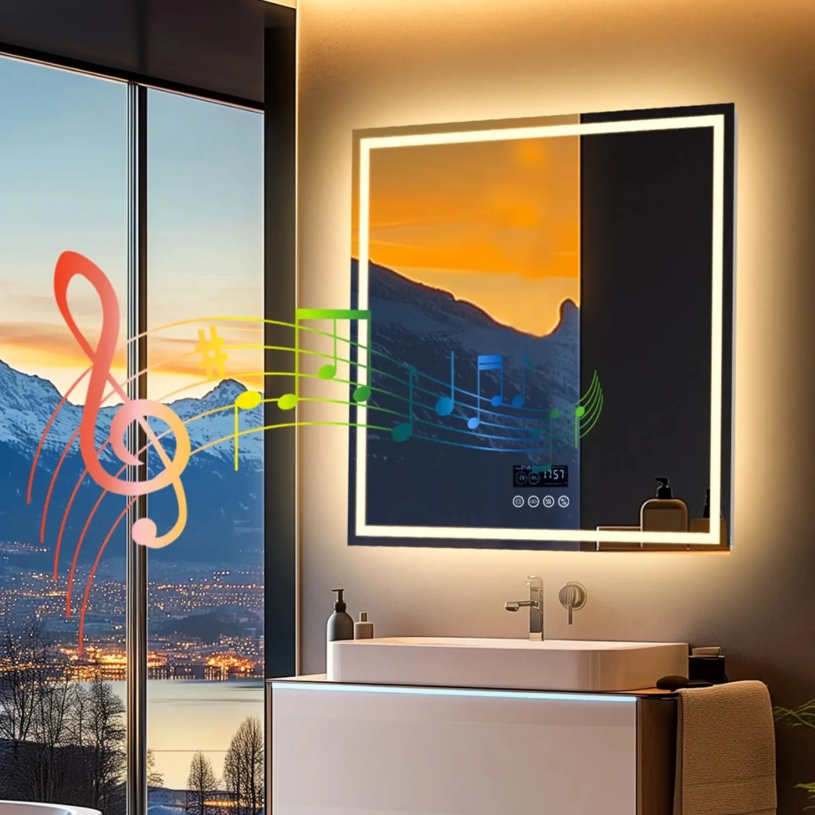 Miroir LED Bluetooth carré mis en scène dans une salle de bain avec vue montagne, bandes lumineuses chaudes et notes musicales colorées devant le verre.