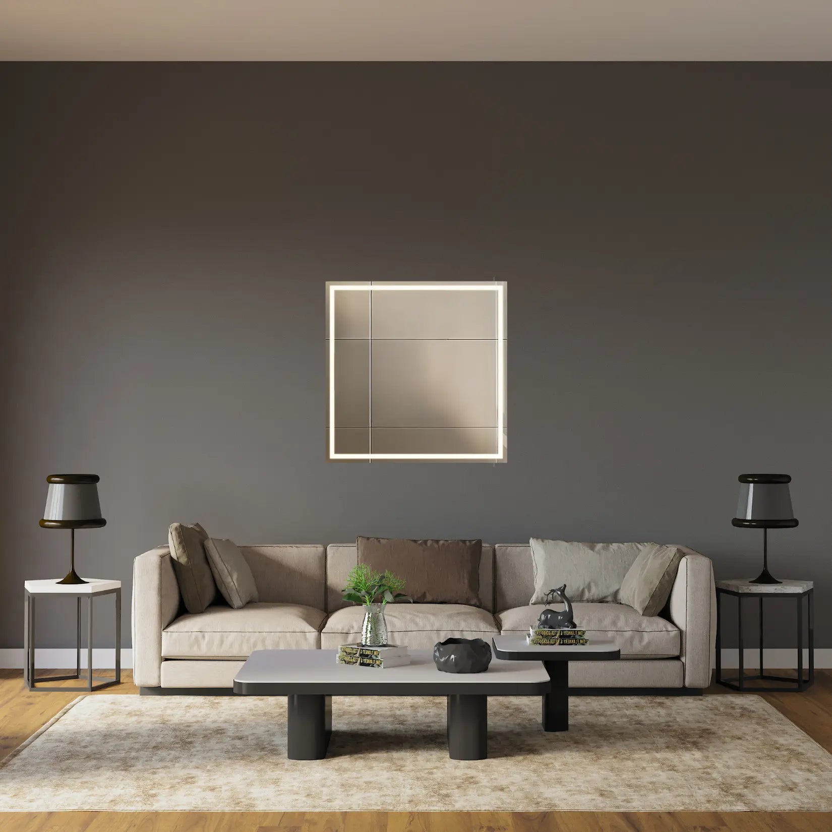 Miroir LED Bluetooth carré rétroéclairé sur mur anthracite, apportant une touche lumineuse à un canapé beige contemporain.