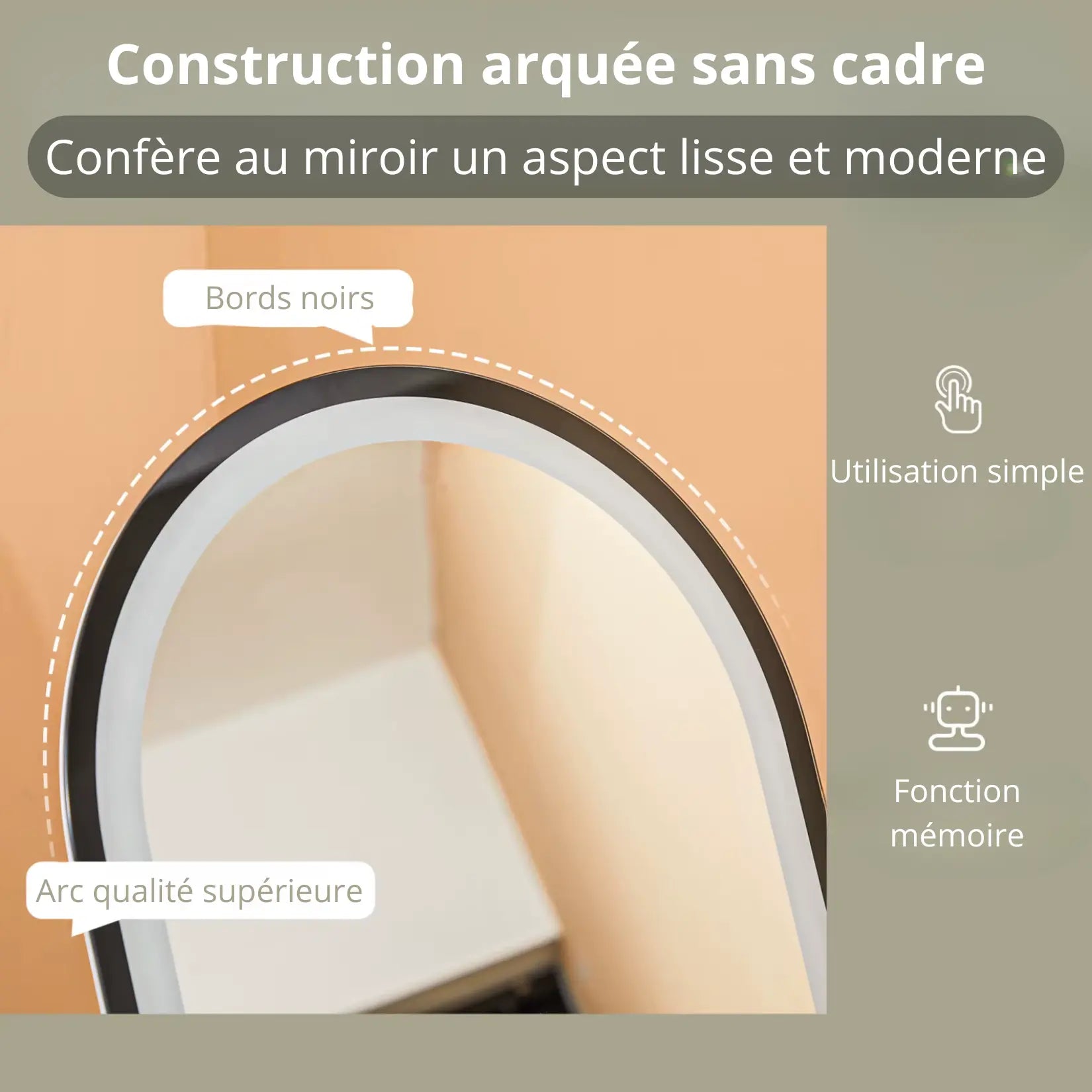 Miroir long arqué sans cadre avec bords noirs et design moderne.