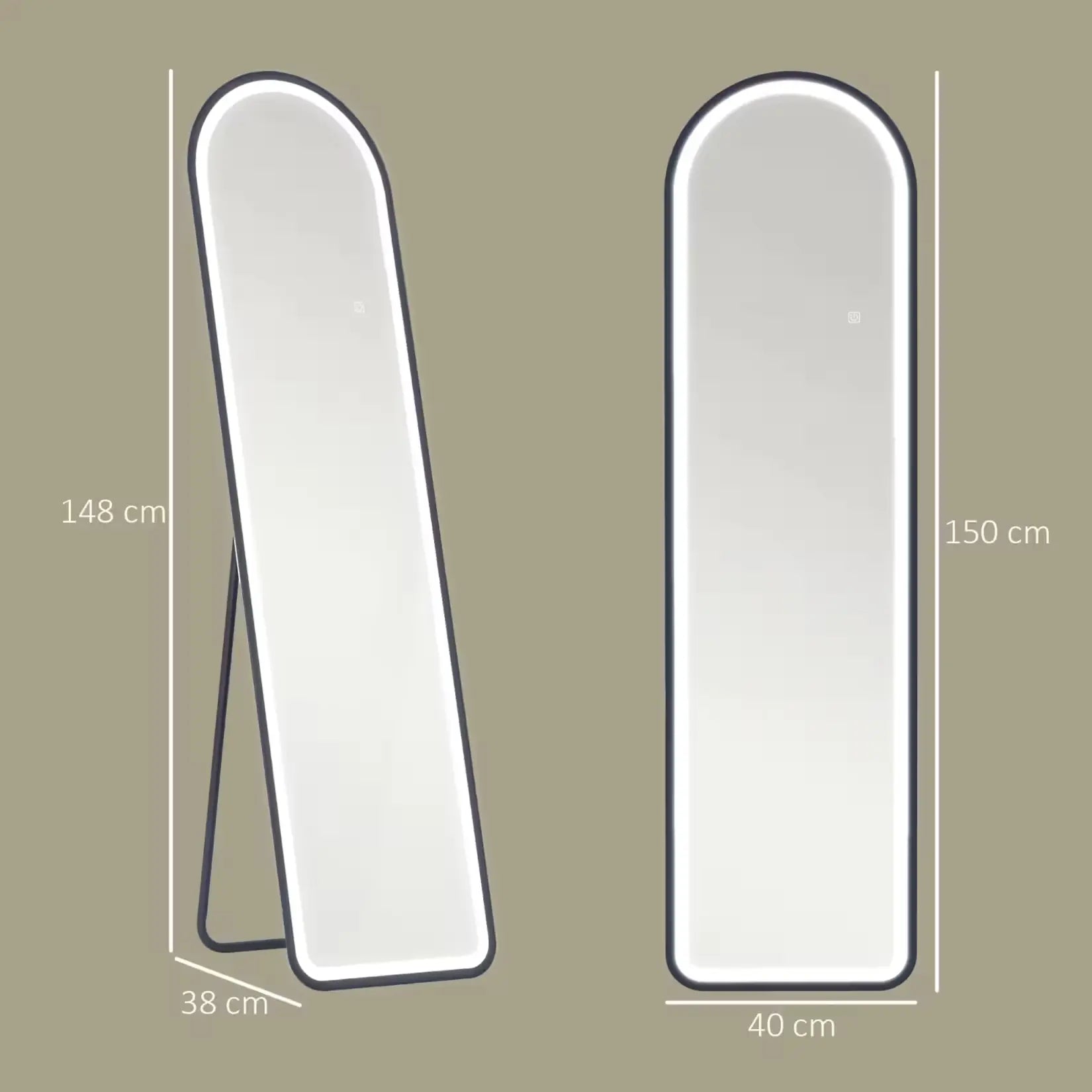 Dimensions du miroir long : 150 cm de hauteur et 40 cm de largeur avec support arrière de 38 cm.