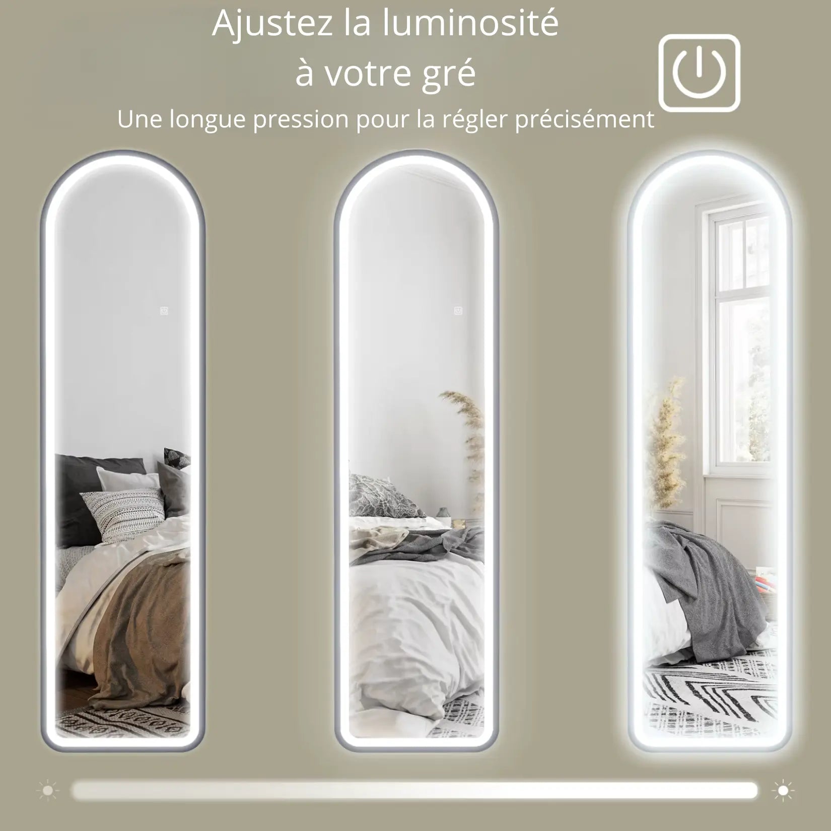 Miroir long avec LED à luminosité réglable par commande tactile moderne.