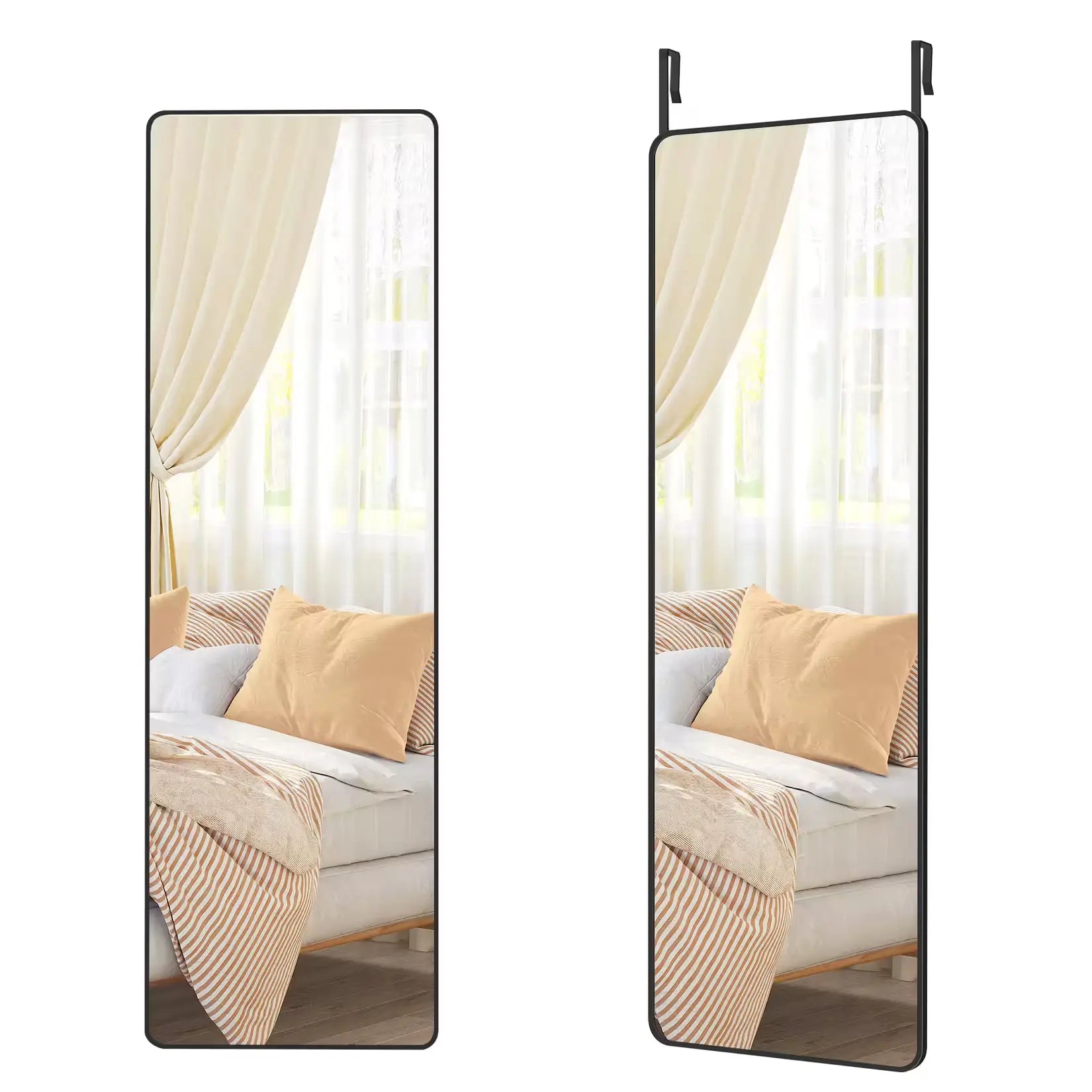 Miroir long mural noir 120cm avec double option de fixation murale ou sur porte pour installation flexible.
